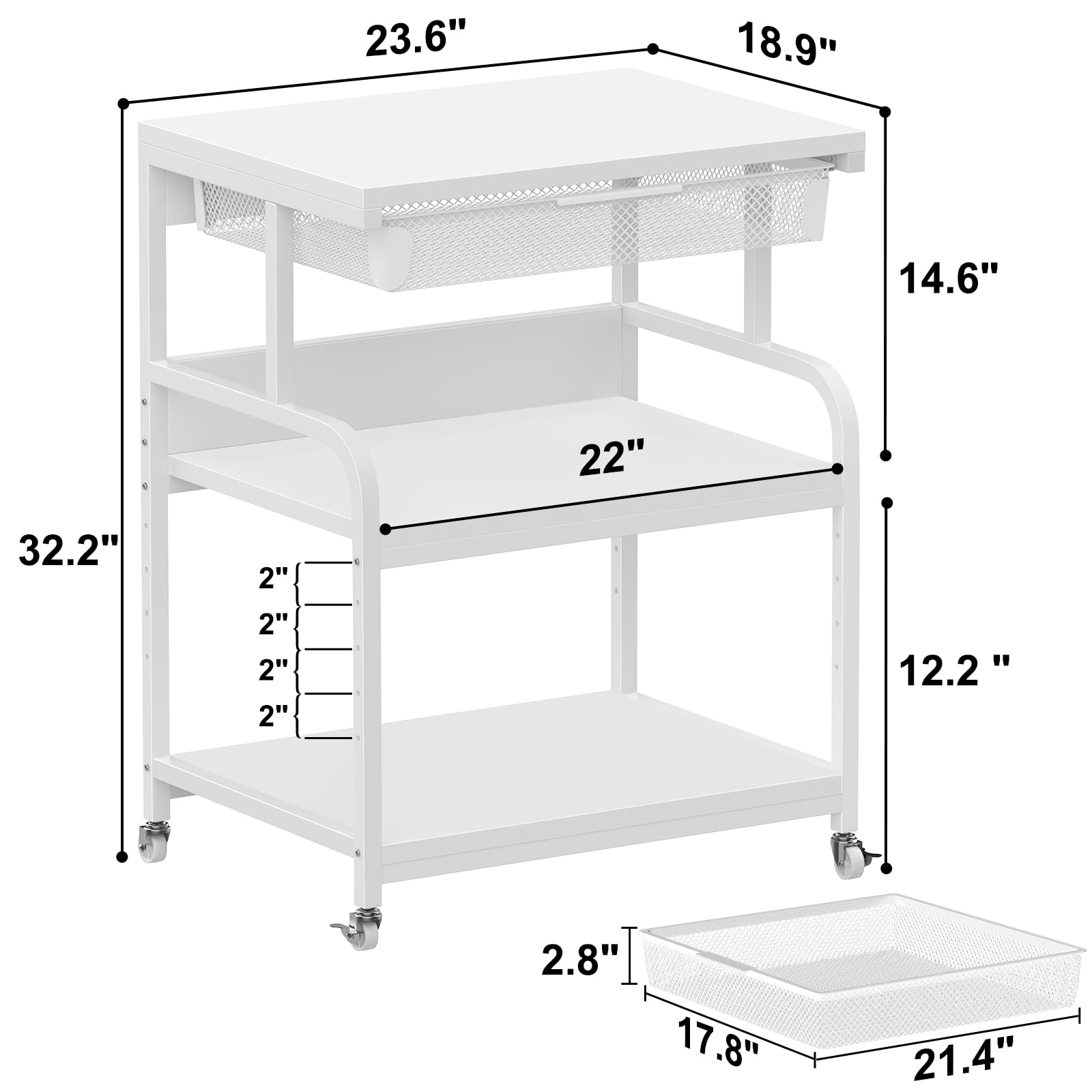 EasyCom 23.6''x18.9'' Extra Large Adjustable Printer Stand with 3 Drawers & Wheels - 5 Height Settings, 3-Tier Rolling Printer Cart for Printer, Scanner, Fax - Perfect for Home Office, Small Business & Workspace Organization