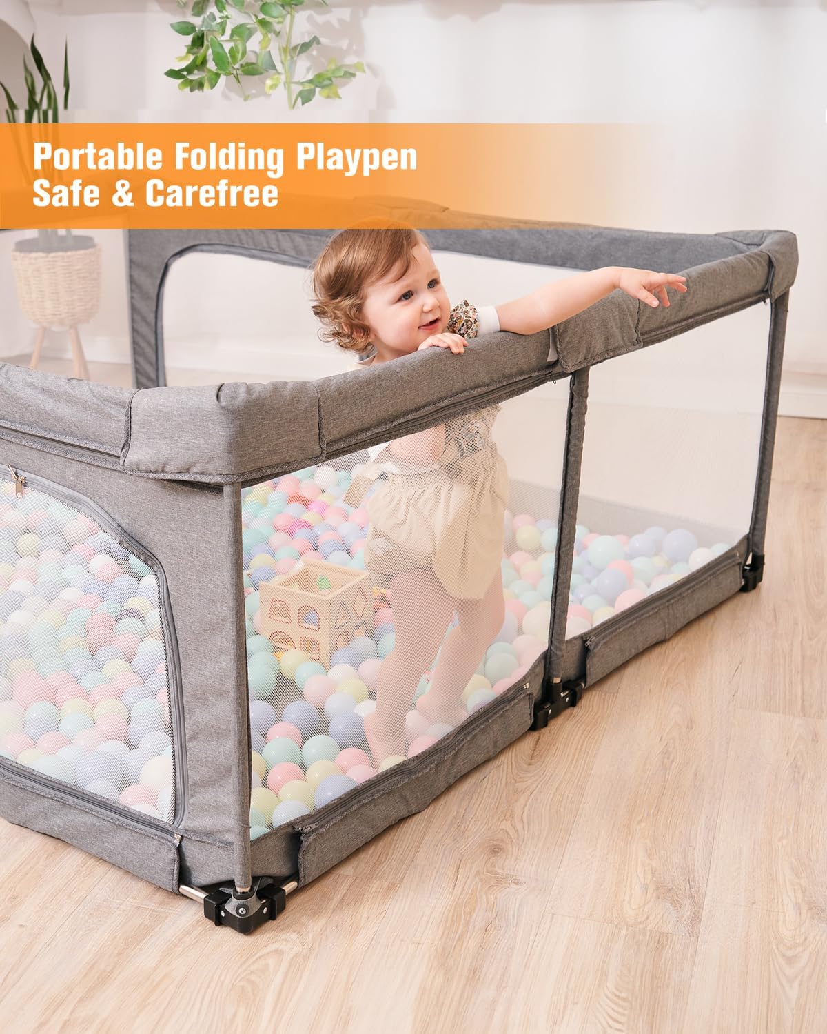 Foldable Baby Playpen with Gate - Extra Large Collapsible Play Yard for Babies & Toddlers - Portable Travel Playpen - Baby Activity Center for Indoor & Outdoor Use - Safe Play Area for Home, Travel & Park (Grey, 51