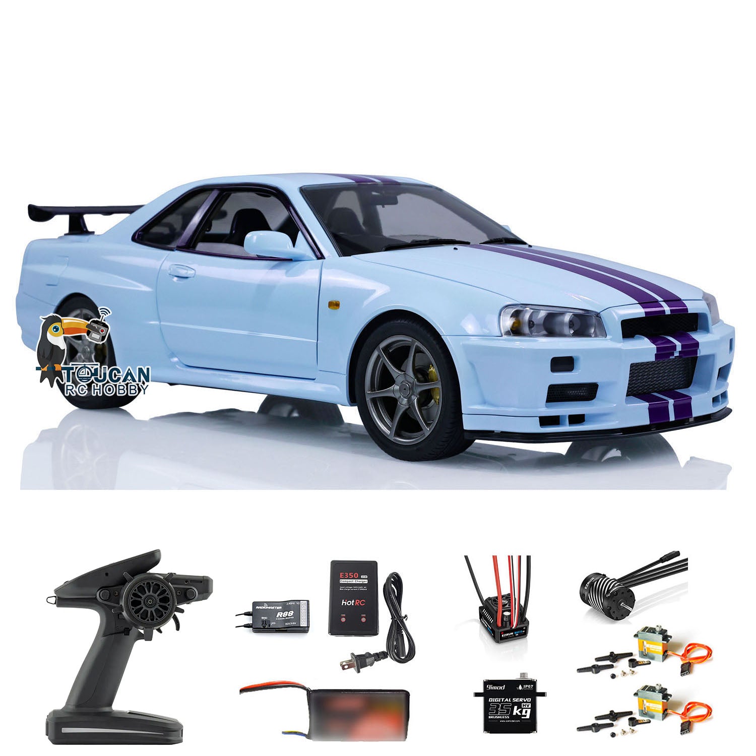 1:8 Scale RC Drift Car - 4WD Remote Control RTR Nissan R34 Model with Brushless Motor | High Speed Hobby Grade DIY Assembled Painted Toy | Perfect for Drift Racing, Backyard Fun & RC Enthusiasts