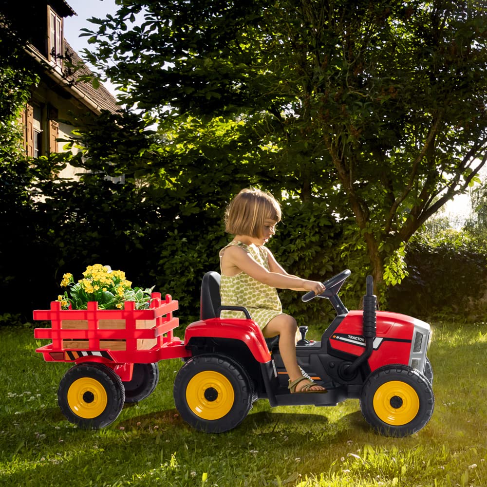 12V Kids Ride-On Tractor with 2.4G Remote Control - Electric Toy Tractor with Trailer, LED Lights & Music - Safe Toddler Vehicle with Seat Belt - Perfect for Outdoor Play & Backyard Fun (Red)