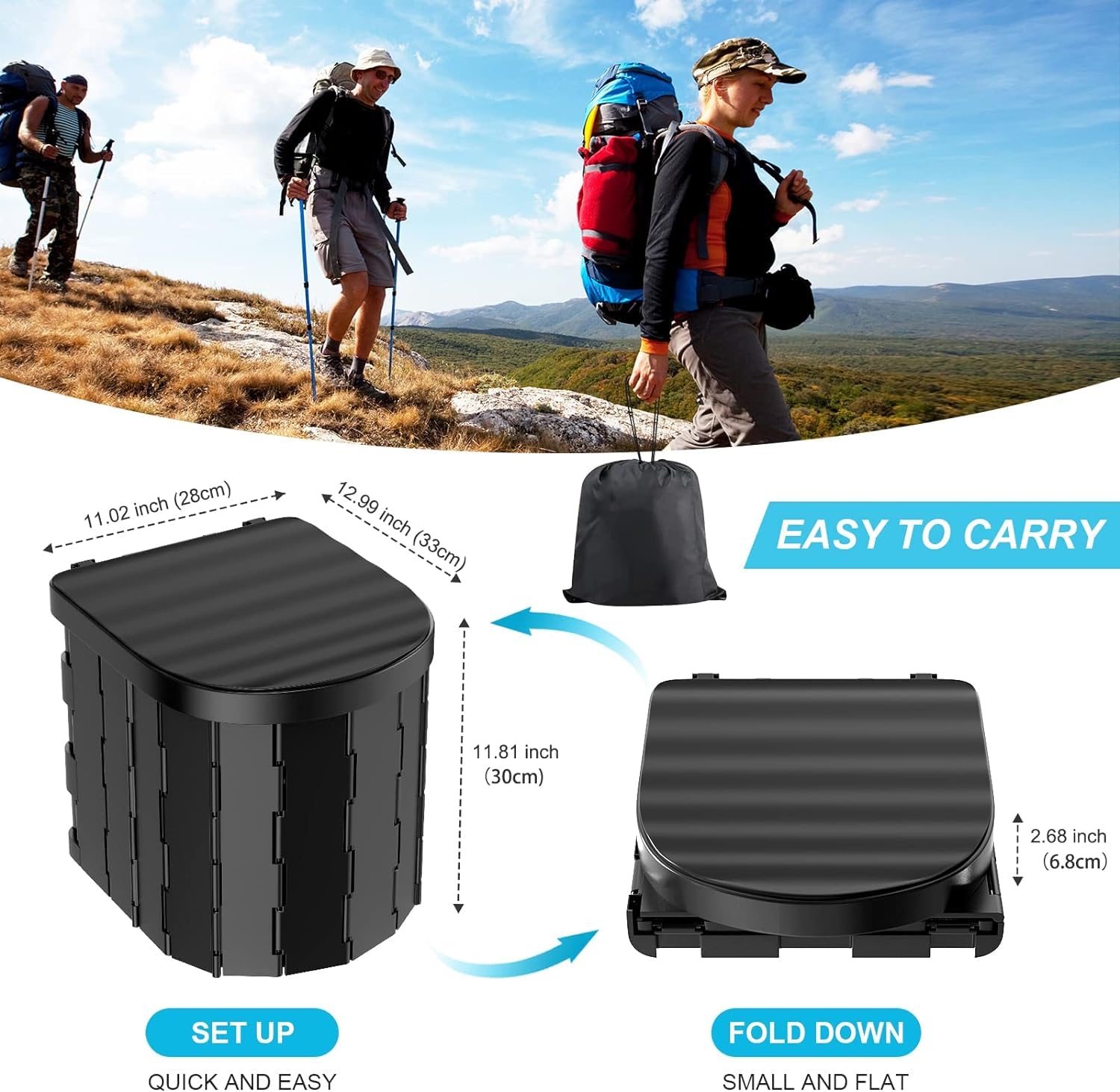 Portable Camping Toilet for Adults - Foldable Waterproof Travel Toilet for Outdoor, Hiking, RV, Boat & Beach - Compact Porta Potty for Camping, Car, Tent & Emergency Use (Black)