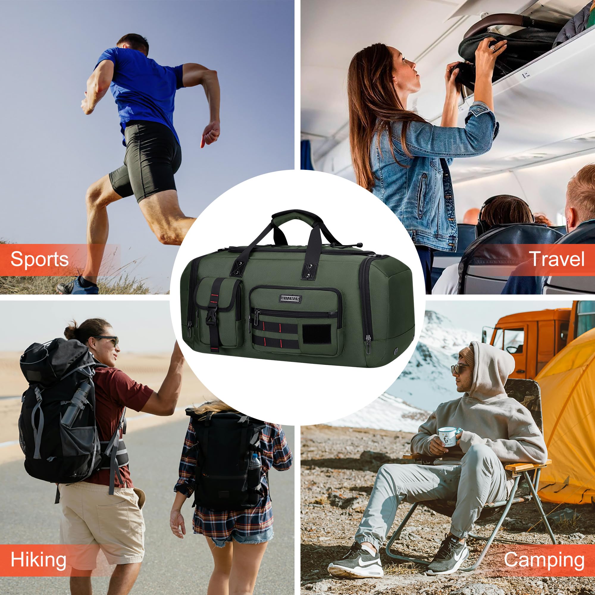 WITZMAN Men's Large Travel Duffel Bag - 3-in-1 Carry On Weekender Overnight Bag with Shoe Compartment (Army Green B693) | Perfect for Gym, Business Trips & Weekend Getaways