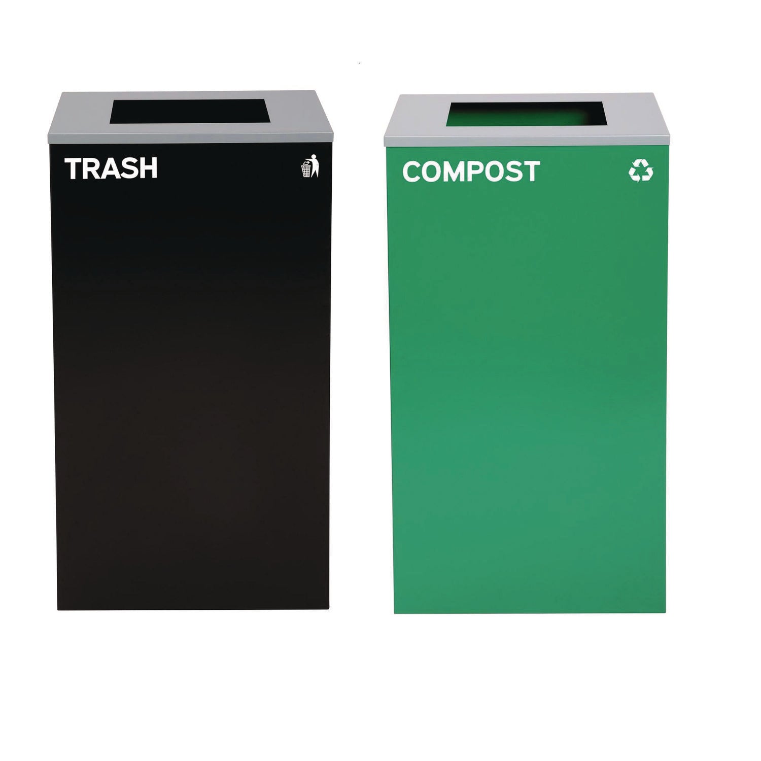 Alpine Industries 29 Gallon Steel Trash Can & Recycling Bin Set - Green Compost Bin & Black Garbage Can with Square Lids for Kitchen, Office, or Outdoor Waste Management
