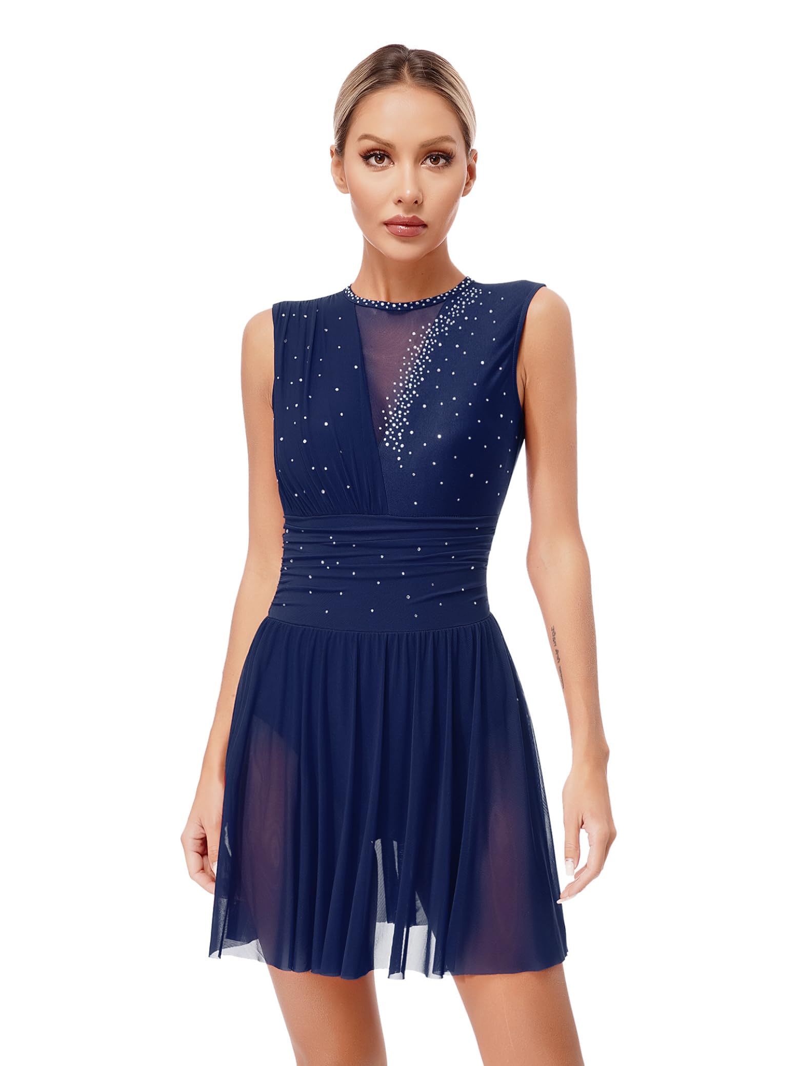 Elegant Lyrical Dance Dress for Women - Sparkling Rhinestone Figure Skating Costume, Sleeveless Ballet Dancewear - Perfect for Performances, Competitions & Recitals