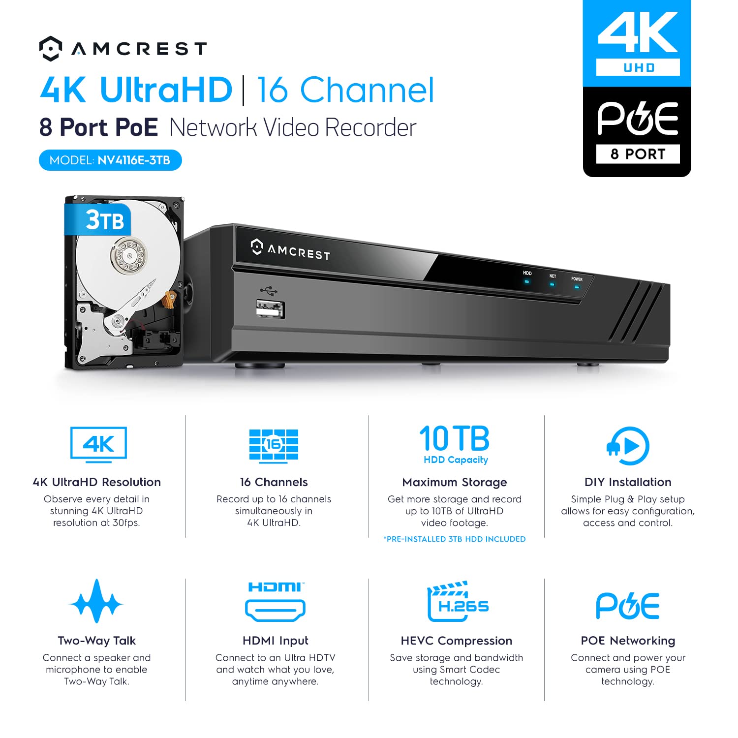 Amcrest NV4116E-A2 4K 16CH 8-Port PoE NVR Security System with 3TB HDD - Supports 16x 8MP IP Cameras (1080p/3MP/4MP/5MP/8MP) - Ideal for Home & Business Surveillance