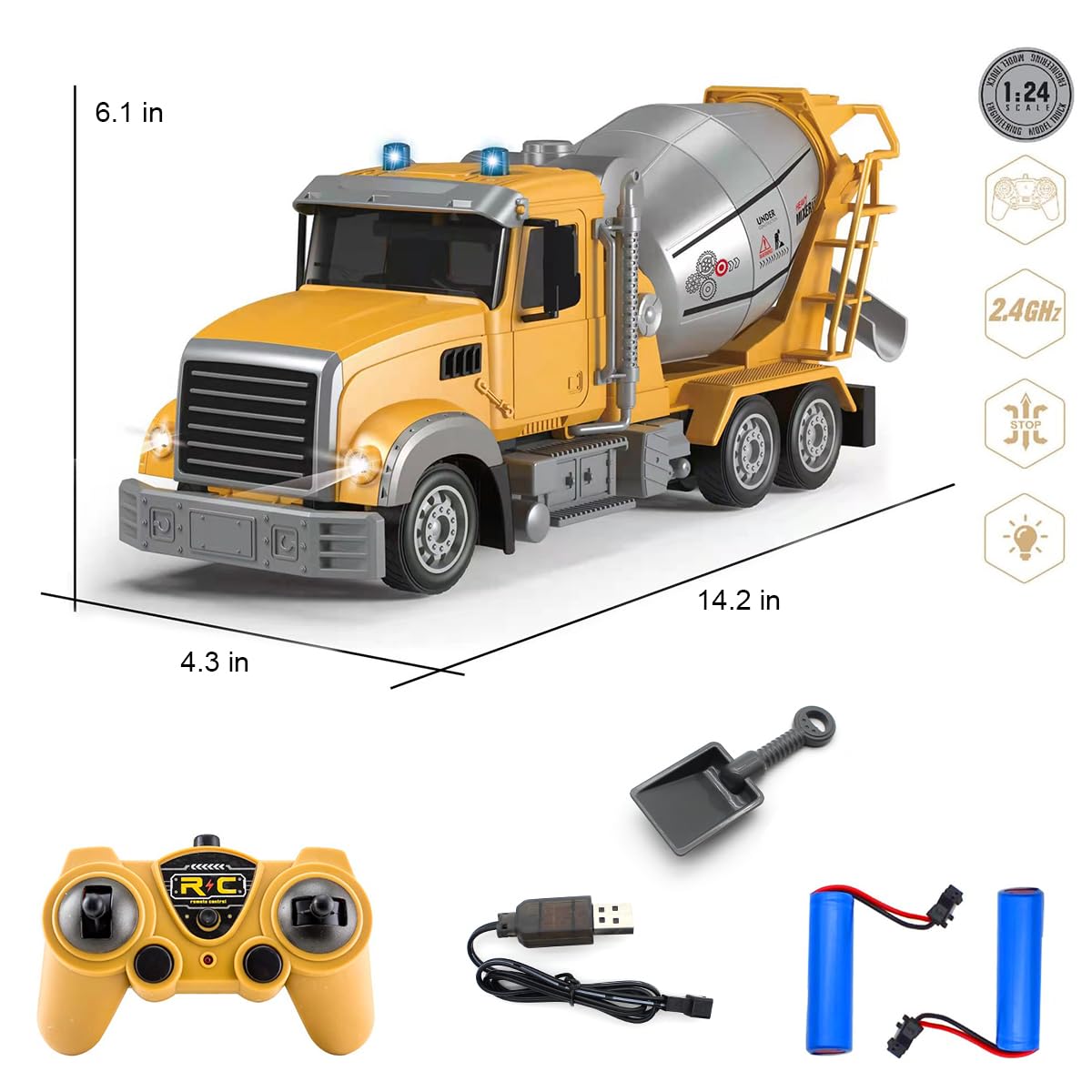 Fistone 1:24 Scale RC Cement Mixer Truck Toy - 6 Channel Remote Control Construction Vehicle with Lights & 360° Rotation - Rechargeable Electric Toy for Kids | Perfect for Construction Play, Birthday Gifts & STEM Learning
