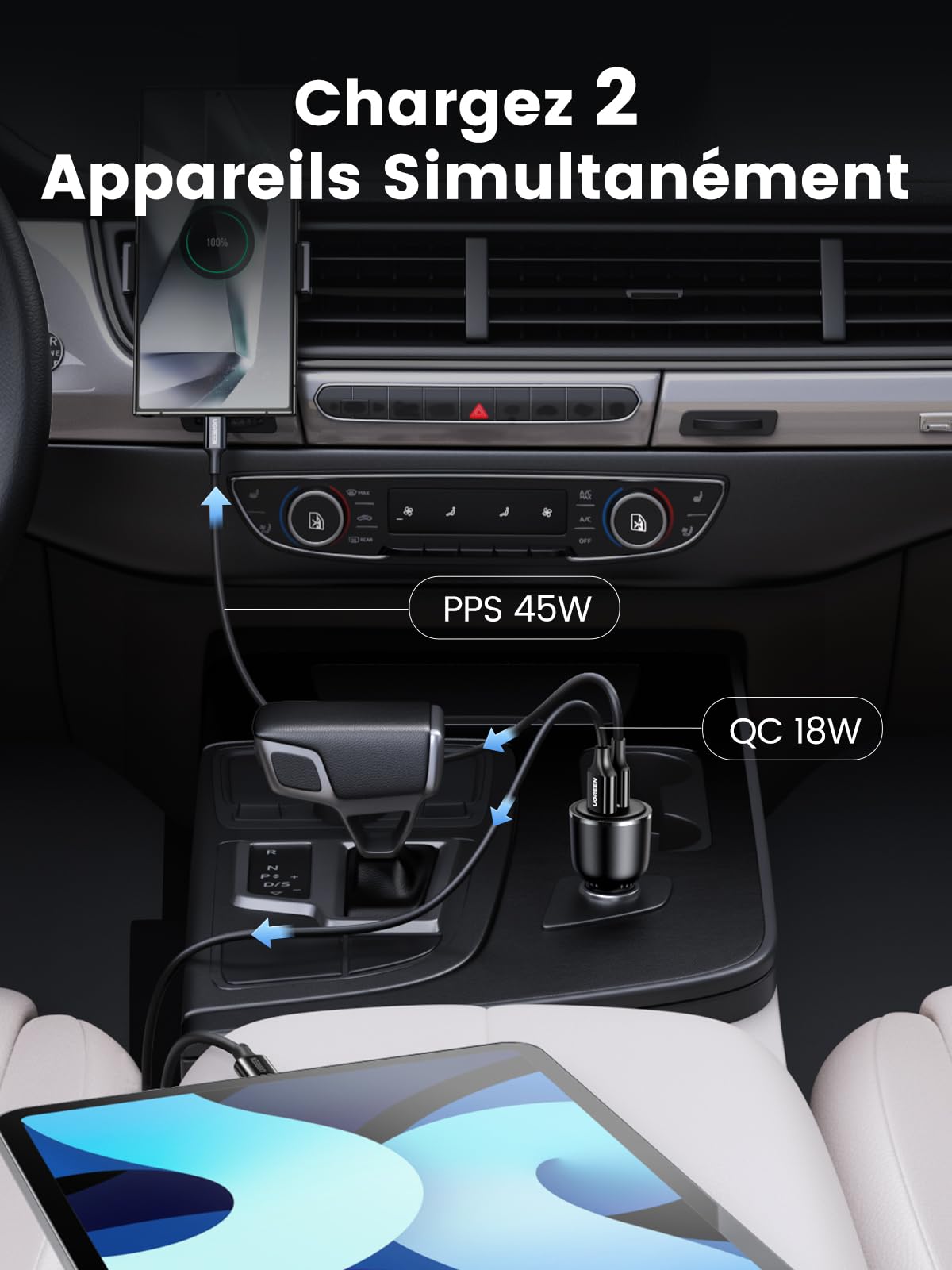 UGREEN 63W USB C Car Charger with 45W PPS & 30W PD QC 3.0 Fast Charging - Compatible with iPhone 16/15/14 Pro Max Plus, Galaxy S24/S23/S22 Ultra, MacBook, iPad Pro/Air/Mini - Perfect for Road Trips & Daily Commute