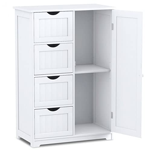 White Wooden Bathroom Storage Cabinet - 4 Drawer Free Standing Floor Organizer with Adjustable Shelf | Perfect for Bathroom, Bedroom & Closet Organization