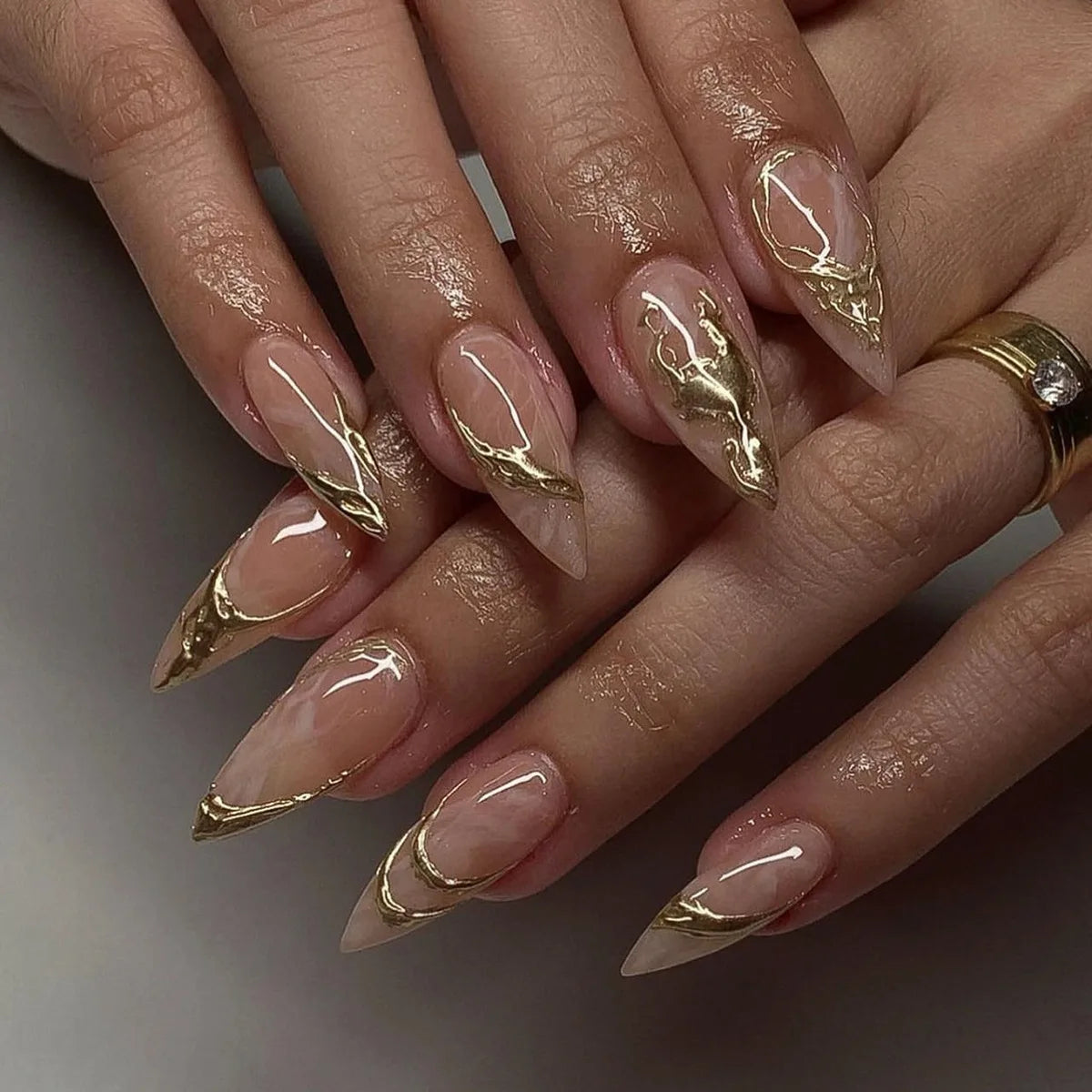 3D Gold Glitter Press on Nails - 24Pcs Almond Shape Fake Nails with Detachable Stiletto Tips | Spice Girls Inspired False Nails for Parties, Weddings & Special Occasions