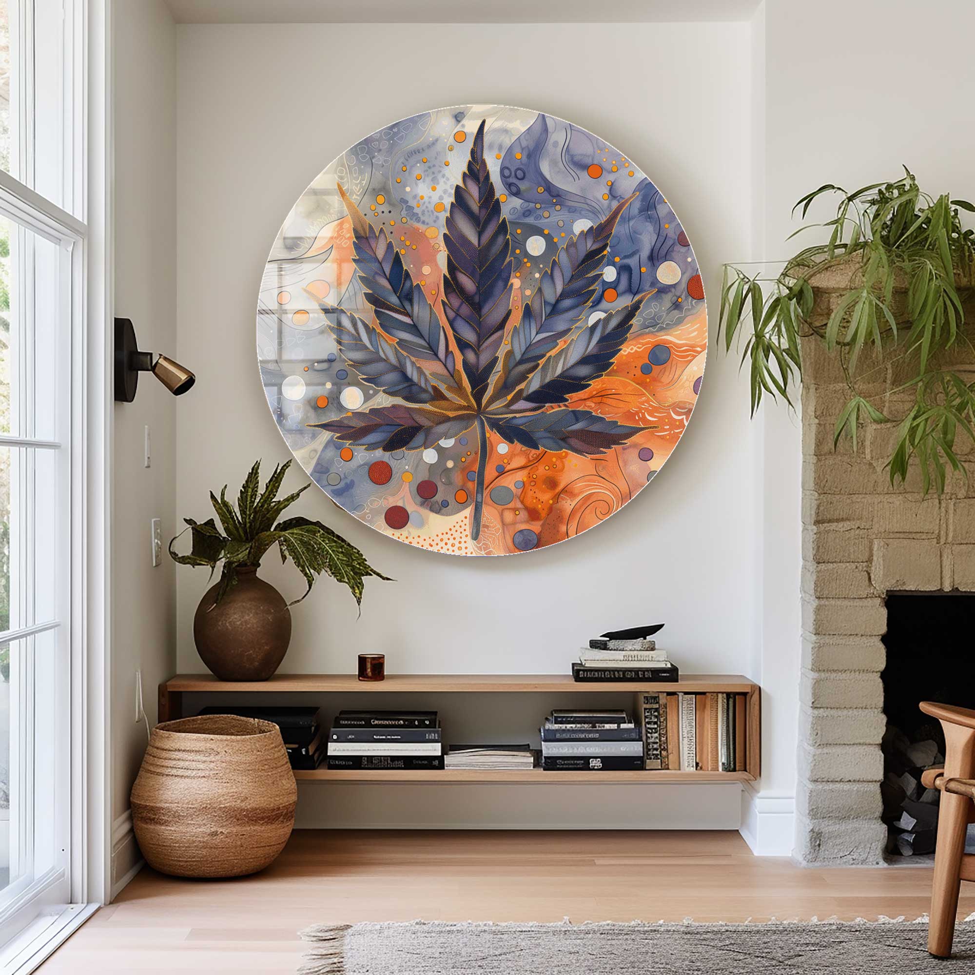 Leaf Rounded Glass Wall Art Decor - Modern Nature-Inspired Home Decor for Living Room, Bedroom & Office