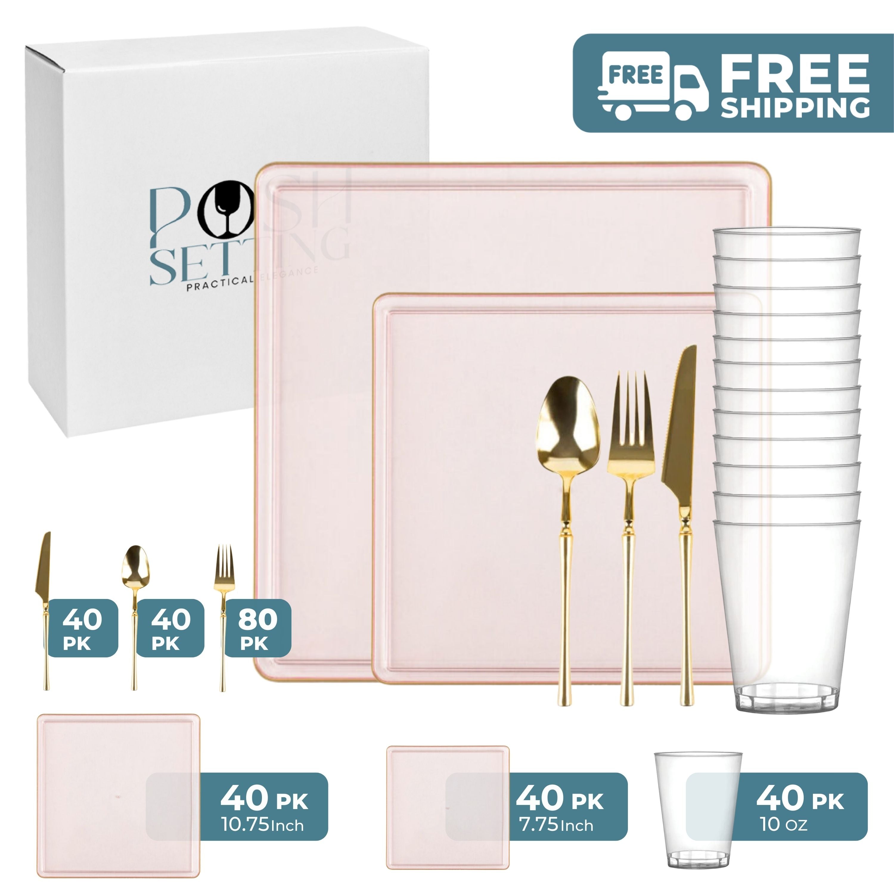 Pink and Gold Plastic Party Bundle - Square Edge Disposable Plates, Cups & Cutlery for Birthday, Wedding & Baby Shower Events
