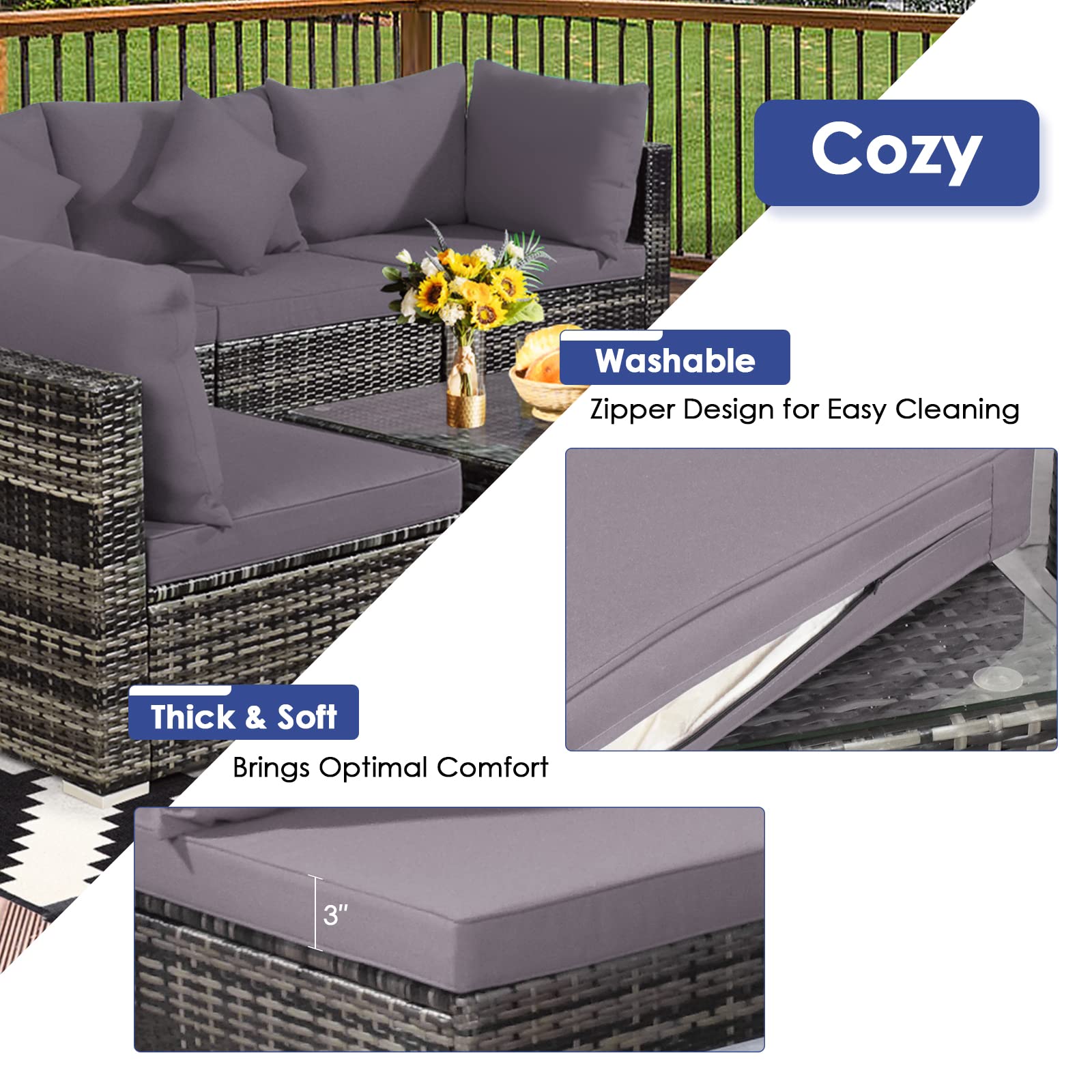 RELAX4LIFE 7-Piece Outdoor Patio Furniture Set - PE Rattan Wicker Conversation Set with Cushions & Glass Coffee Table - Durable Garden, Lawn, Balcony, Poolside Sofa Set - Perfect for Front Porch, Backyard & Outdoor Entertaining (Grey)