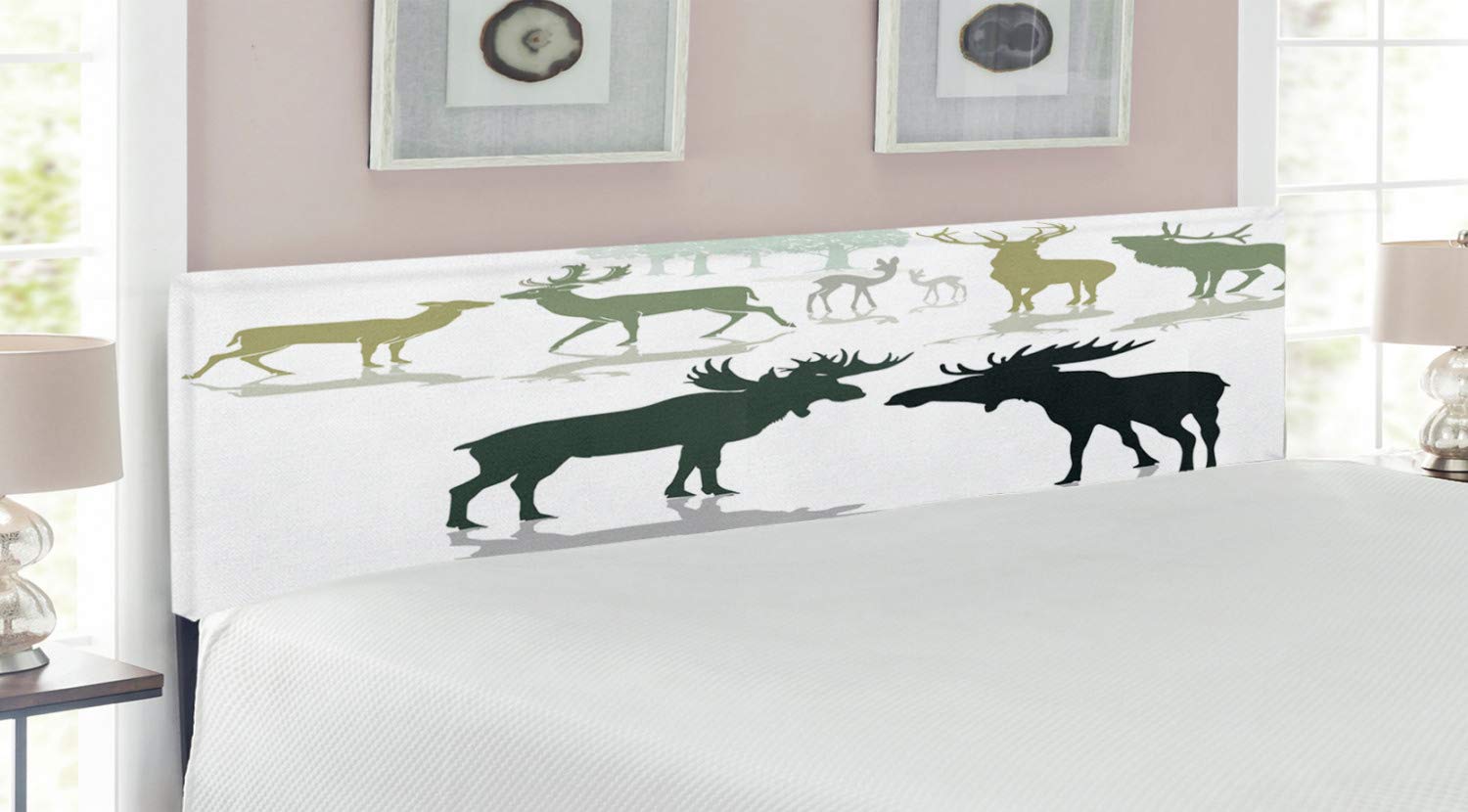 Ambesonne King Size Upholstered Metal Headboard with Memory Foam - Elk Deer & Fawn Silhouette Forest Design in Green & Black - Natural Habitat Theme for Bedroom Decor | Perfect for Rustic, Lodge, or Nature-Inspired Bedrooms
