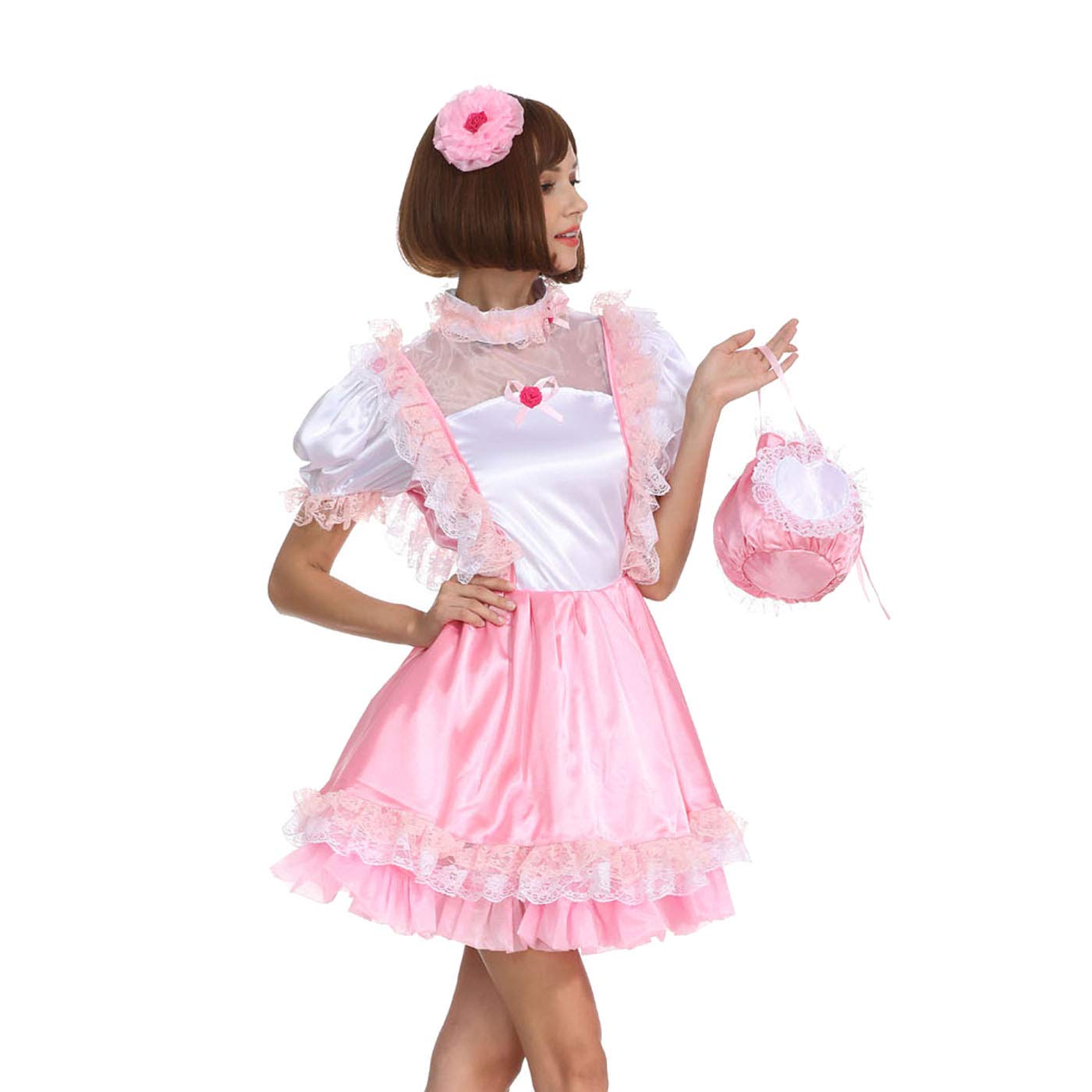 Sexy Pink and White Satin French Maid Dress with Ruffled Sleeves - Women's Crossdressing Costume for Cosplay, Halloween & Role Play