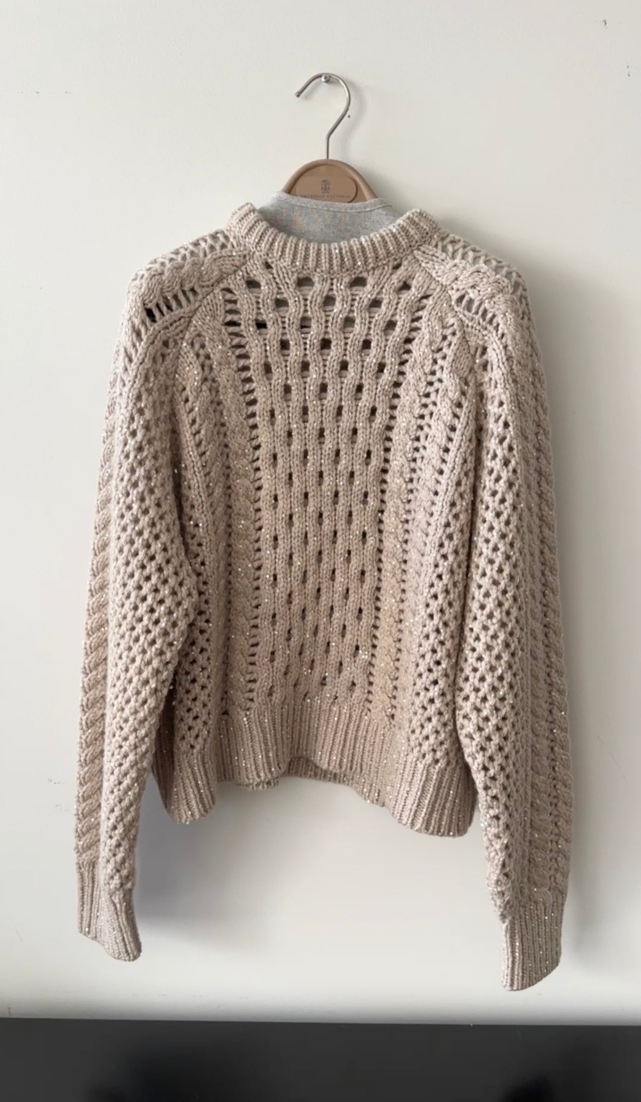 Brunello Cucinelli Beige Open Knit Cashmere Sequin Sweater for Women - Size S (4/6) | Luxury Cashmere Pullover with Sequins | Perfect for Fall & Winter Outfits, Office Wear & Special Occasions