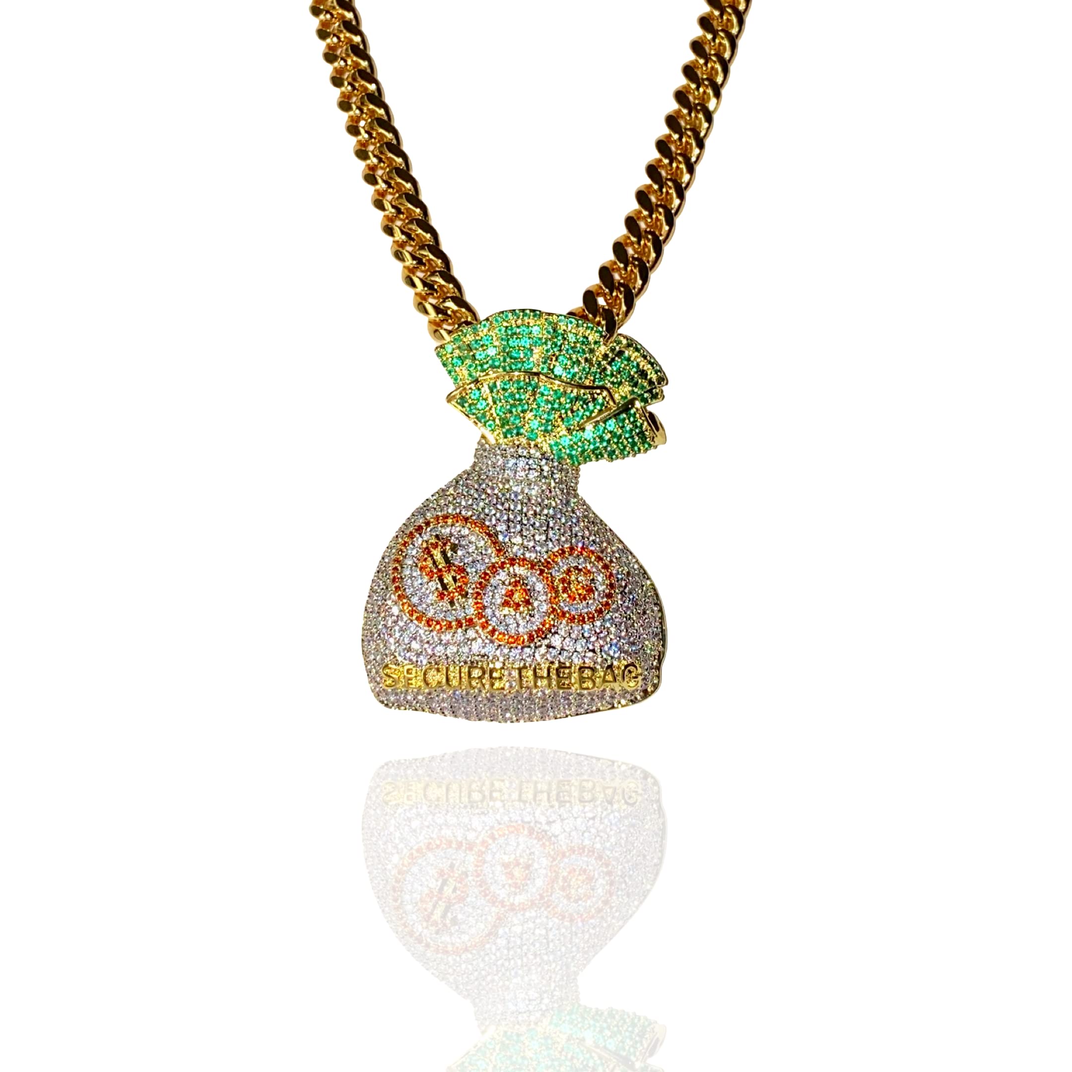 14K Gold Miami Cuban Chain Necklace for Men & Women - 6mm Iced Diamond CZ Pendant, 925 Sterling Silver Italy - Secure The Bag Money Grind Hustle Custom Jewelry | Perfect for Gifts, Parties, and Everyday Luxury Style