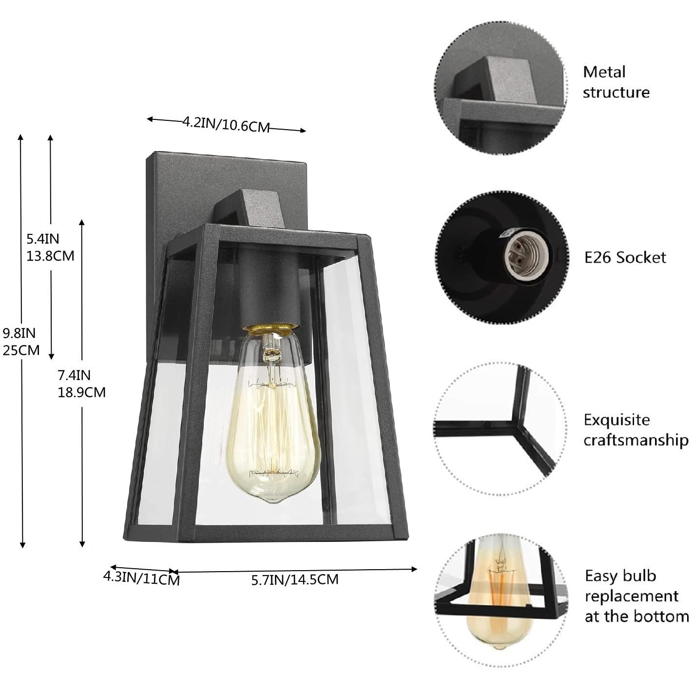 RETRELMP 2-Pack Black Outdoor Wall Sconces - Waterproof Aluminum Exterior Light Fixtures with Clear Glass Shade, E26 Base - Modern Porch Lighting for Garage, Balcony, Garden & Patio (Weatherproof & Durable)