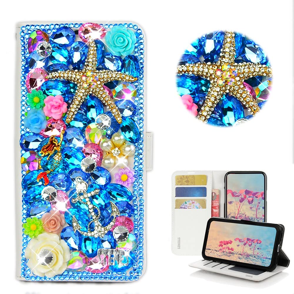 STENES Bling Wallet Phone Case for iPhone 7 Plus/8 Plus - 3D Handmade Starfish Mermaid Anchor Flower Leather Cover with Screen Protector & Neck Strap Lanyard - Navy Blue - Fashionable Accessory for Women, Girls, Beach & Party Use