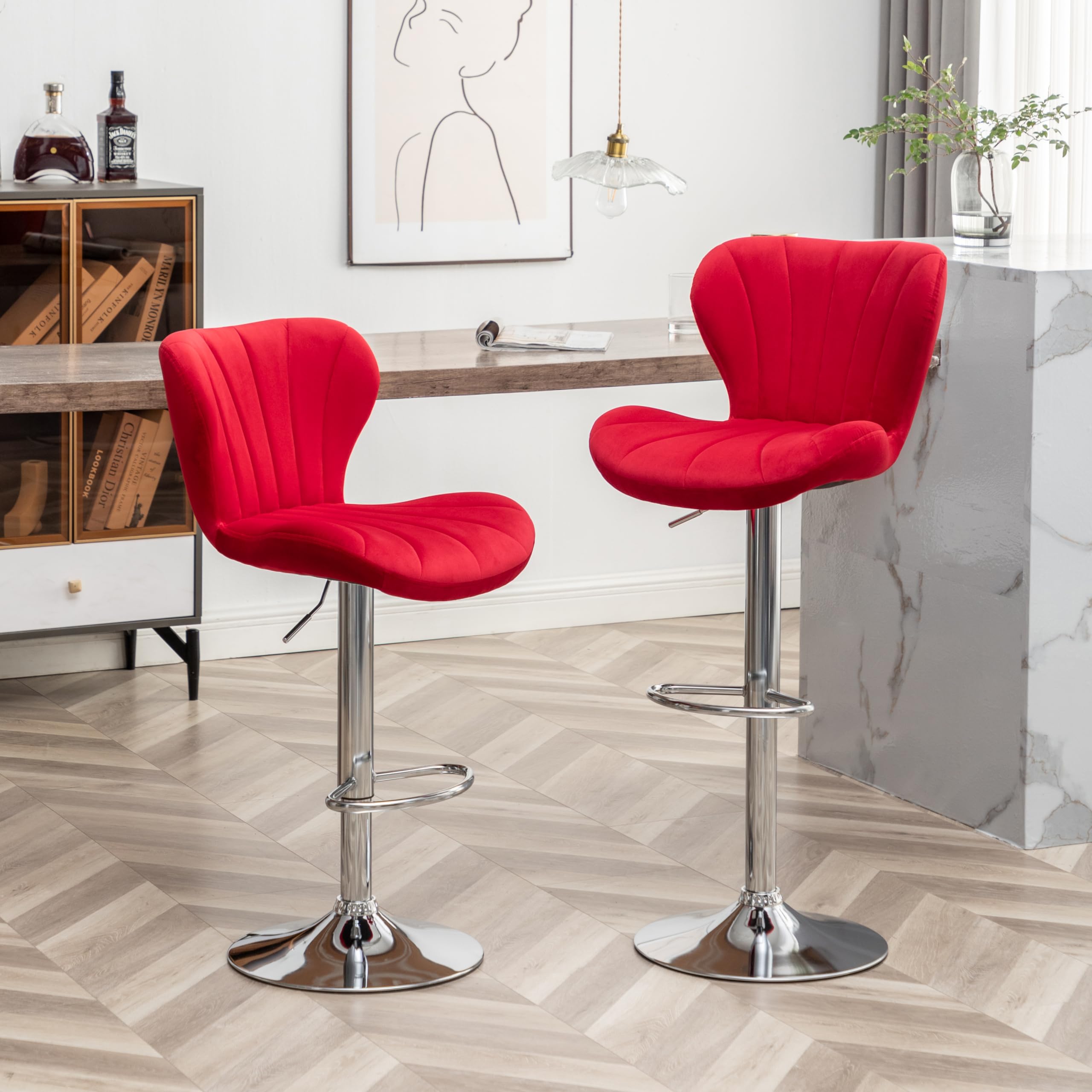 Roundhill Furniture Ellston Velvet Adjustable Swivel Bar Stools - Set of 2, Red Velvet Upholstered Counter Height Stools with Footrest - Perfect for Kitchen Island, Home Bar & Breakfast Nook