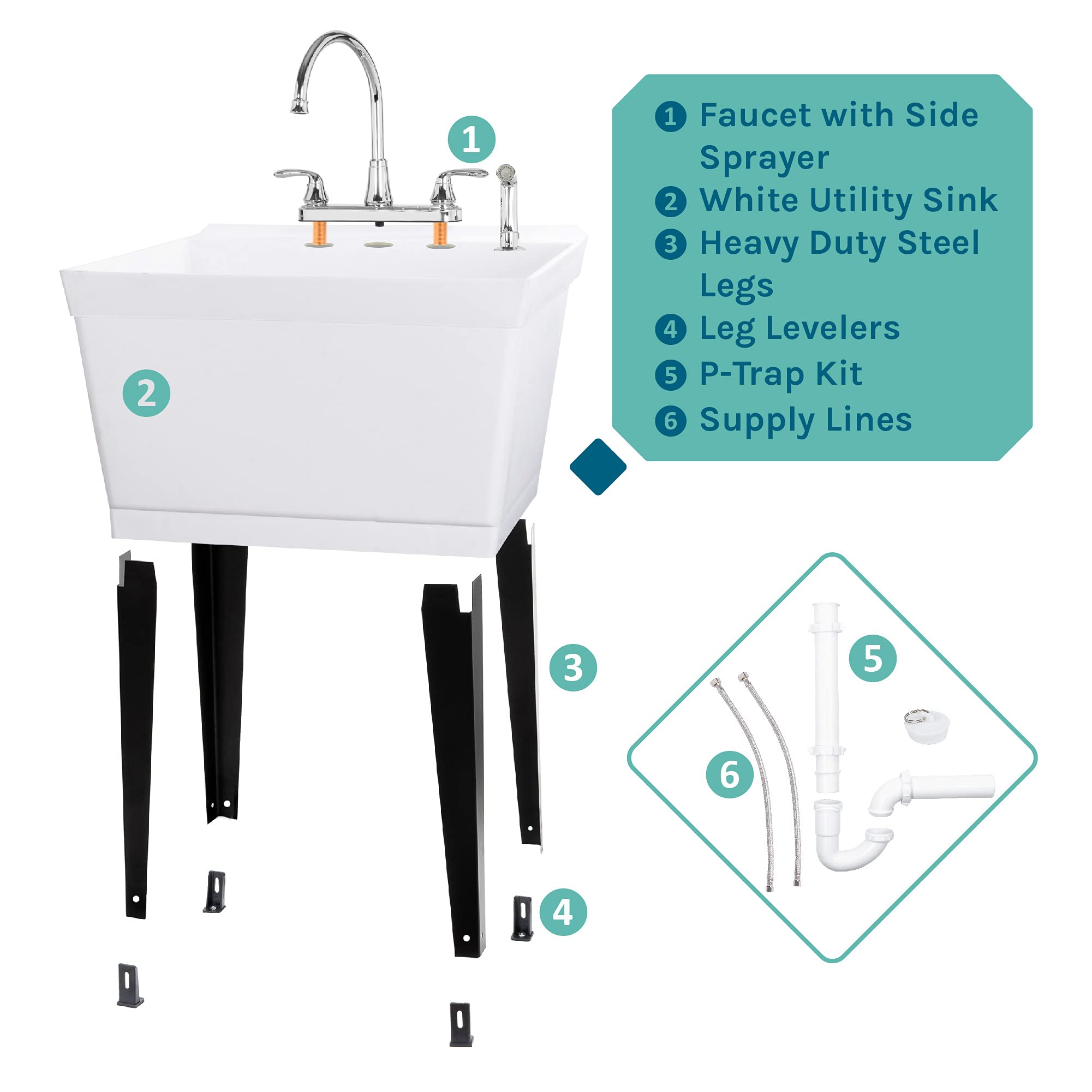 Heavy Duty Utility Sink with Gooseneck Faucet - Large Free Standing Laundry Tub for Basement, Garage & Laundry Room - Durable Slop Sink by JS Jackson Supplies - Perfect for Washing Clothes, Cleaning Tools & DIY Projects (Chrome Faucet)