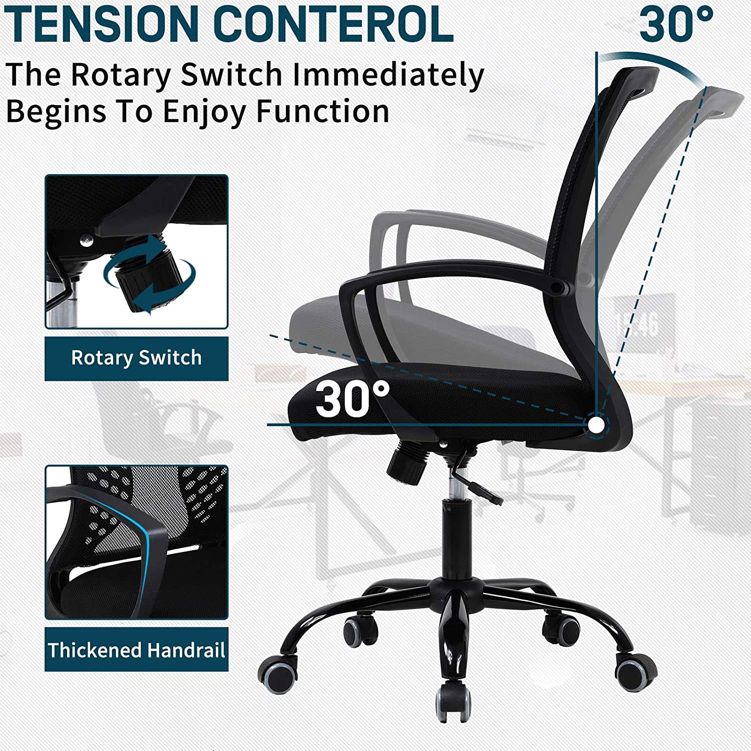 Ergonomic Office Chair - Adjustable Mid Back Mesh Computer Chair with Lumbar Support & Armrests - Modern Rolling Task Chair for Home Office, Study, or Executive Workspace - Black