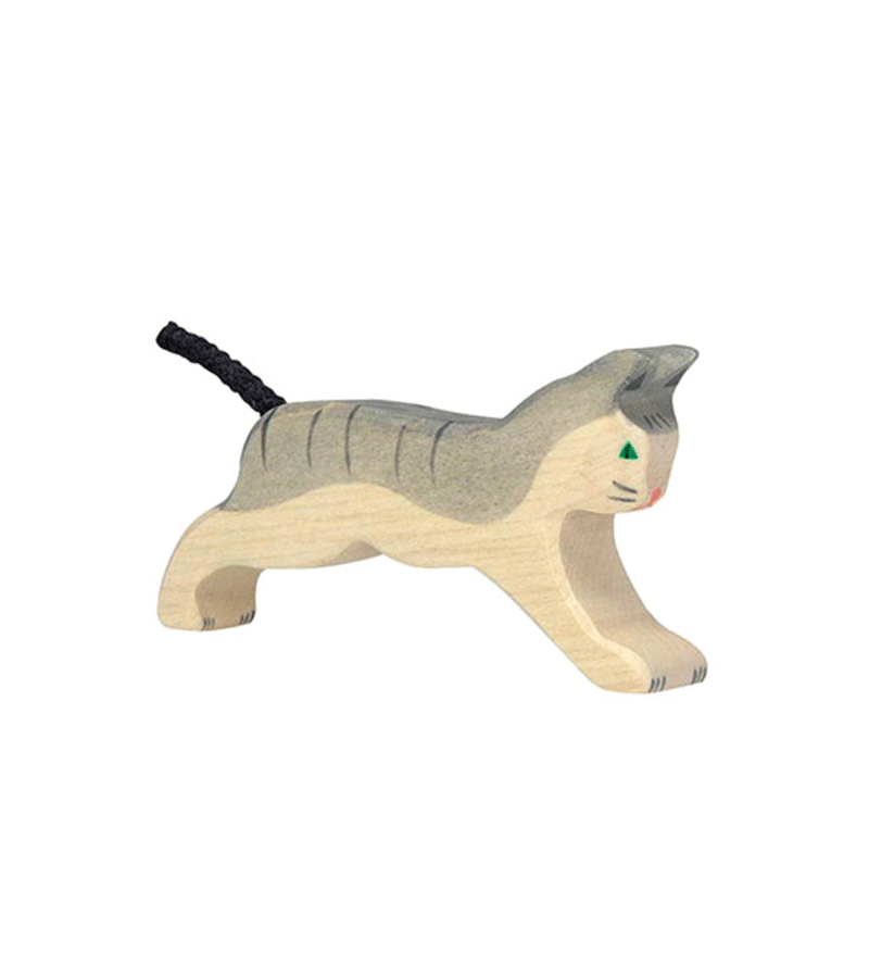 Handcrafted Wooden Running Cat Figurine by Holztiger - Unique Wooden Animal Toy for Kids Room Decor, Waldorf Play, and Nature-Themed Collections
