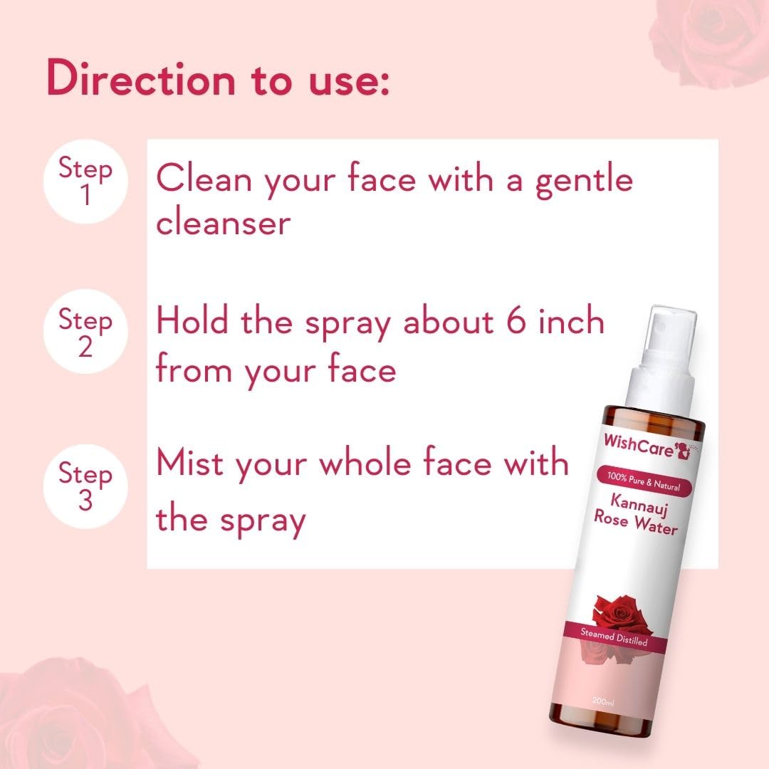 WishCare 100% Pure Natural Rose Water Spray - Steam Distilled Kannauj Gulab Jal for Face, Skin & Hair Care - Alcohol-Free, Paraben-Free Toner (200ml) - Perfect for Daily Hydration, Makeup Setting & After-Sun Soothing