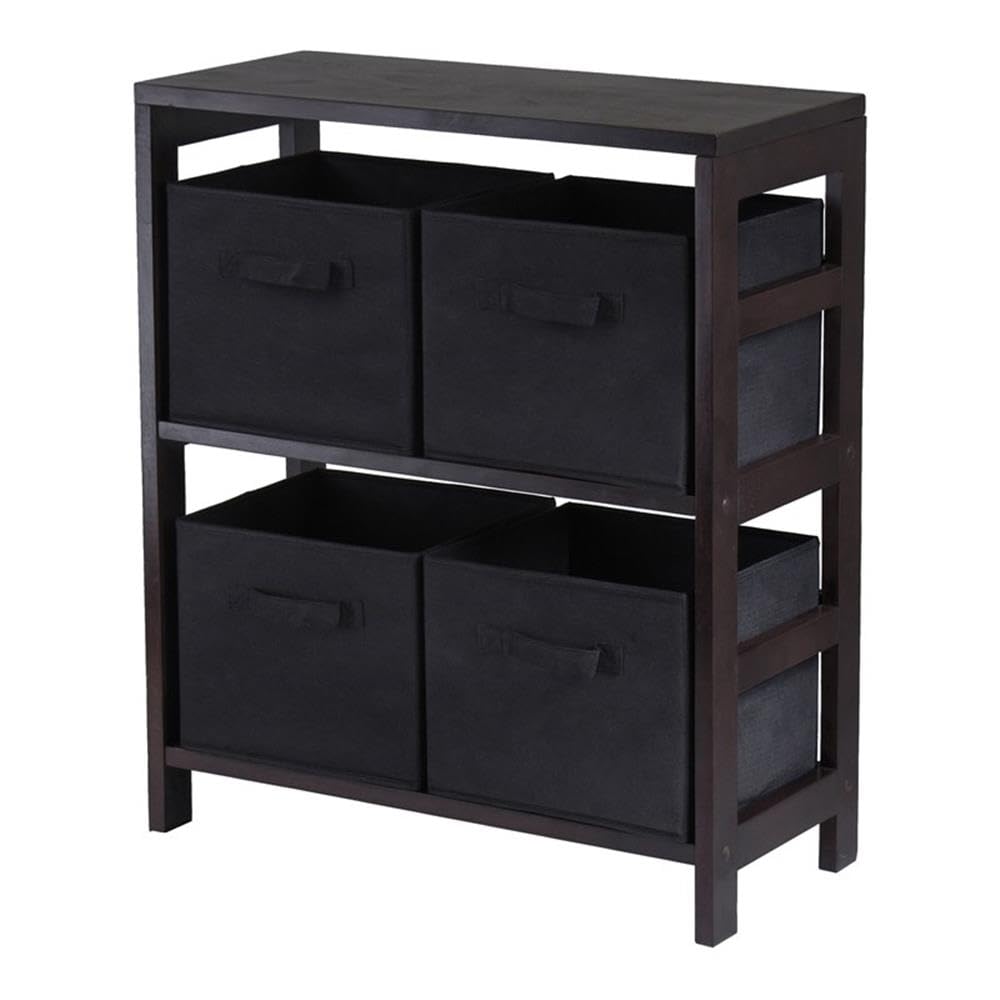 Winsome Wood Capri 2-Section Wooden Storage Shelf with 4 Black Fabric Foldable Baskets - Organizer for Bedroom, Closet & Home Office