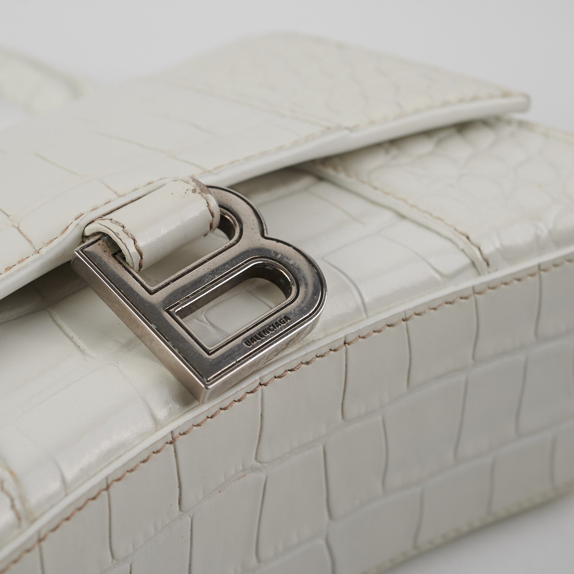 Balenciaga Hourglass XS Handbag in White Crocodile Embossed Leather - Perfect for Evening Events & Luxury Fashion Accessories