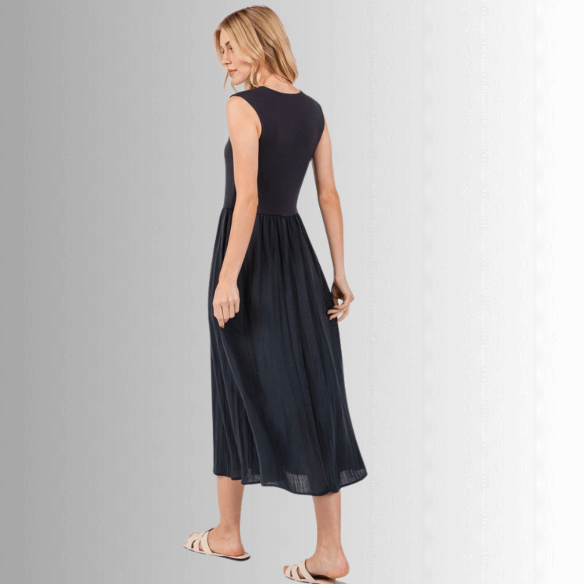 Nora Sleeveless Contrast Midi Dress for Women - Flowy Summer Dress with Unique Color Block Design | Perfect for Beach Vacations, Date Nights & Casual Outings