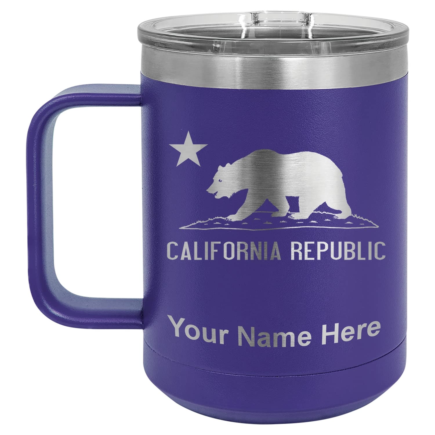 LaserGram 15oz Vacuum Insulated Coffee Tumbler with California Bear Flag Design - Personalized Engraved Stainless Steel Travel Mug (Dark Purple) - Perfect for Office, Camping & Outdoor Adventures