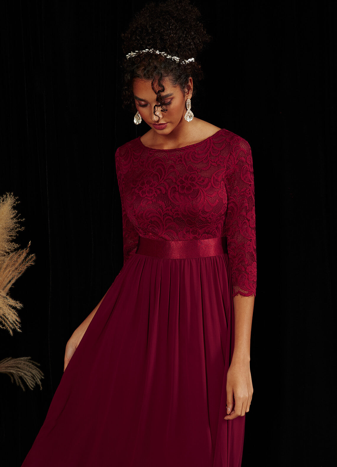 Elegant Burgundy 3/4 Sleeve Boat Neck Floor Length Lace Mother of the Bride Dress - Perfect for Weddings, Formal Events & Special Occasions