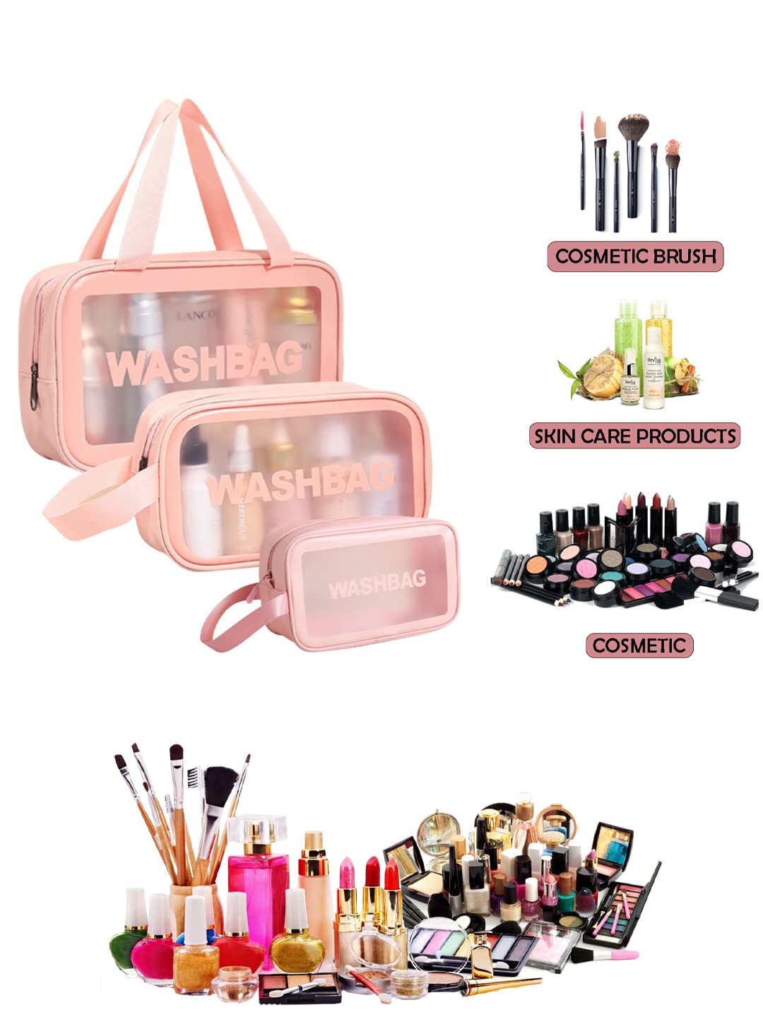 Amso Waterproof PVC Cosmetic Bag Set of 3 - Travel Makeup Organizer for Brushes, Toiletries & Accessories - Pink Zippered Portable Pouch for Home, Gym & Vacation Essentials
