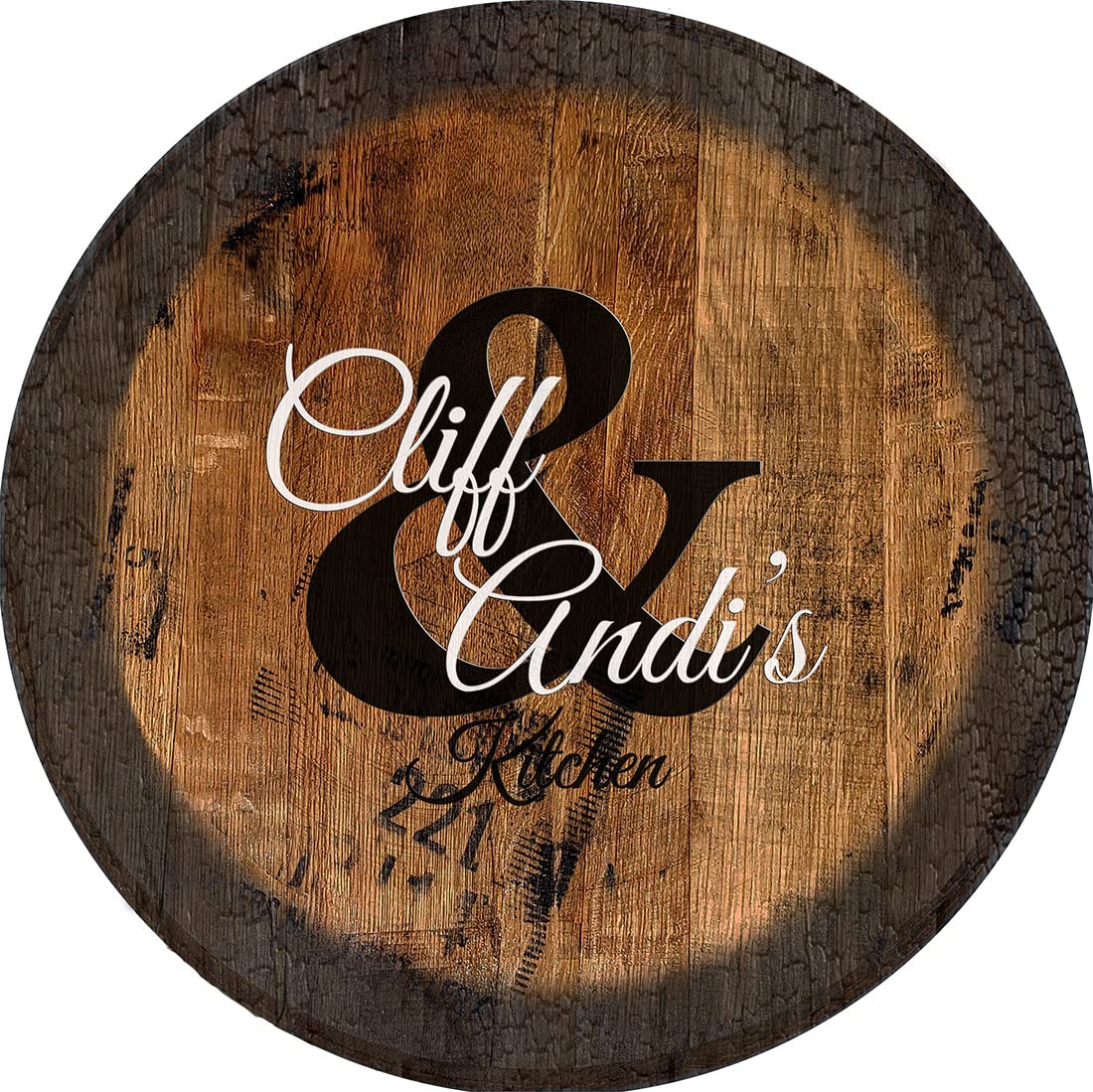 Personalized Couple Name Kitchen Sign - Large Oak Whiskey Barrel Lid Wall Decor for Rustic Home, Farmhouse, Bar & Wedding Decorations