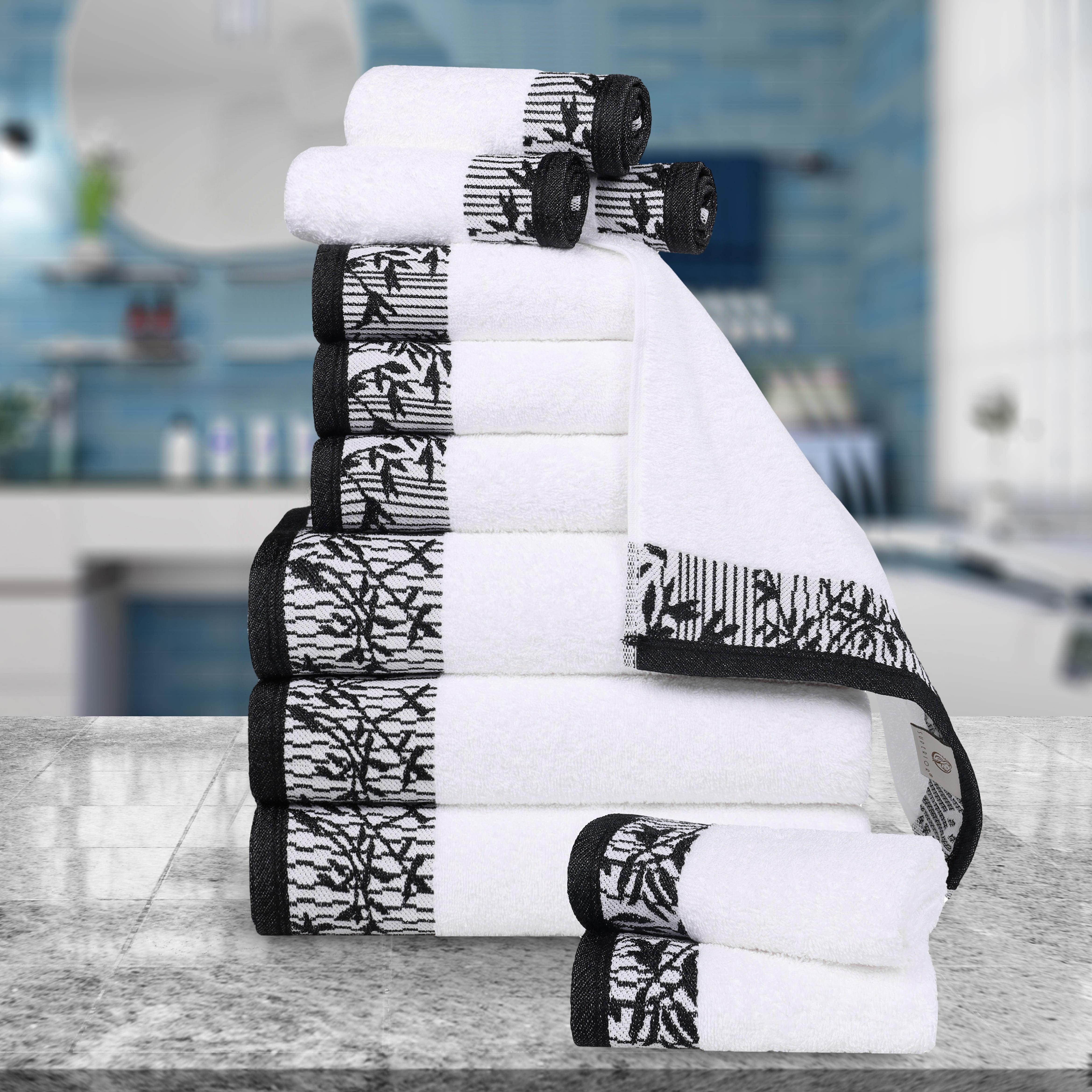 12-Piece Wisteria Cotton Floral Embroidered Jacquard Bath Towel Set | Luxury Soft Absorbent Towels for Spa, Bathroom & Guest Use