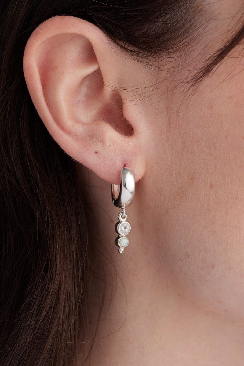 Natural Cora Opal Moonstone Silver Huggie Earrings for Women – Perfect for Everyday Wear, Parties & Gifts