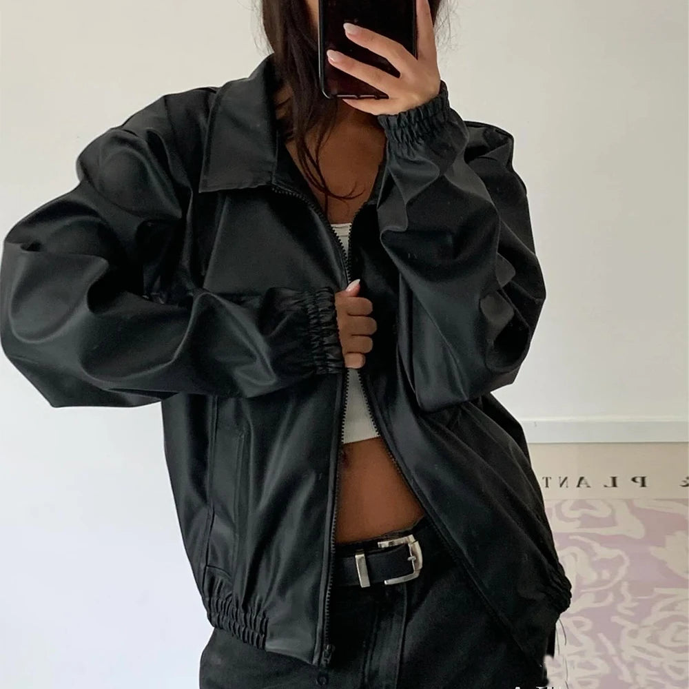 Stylish Black Leather Jacket for Women - Autumn & Winter Fashion 2024 | Retro High Street Trend | Premium Outerwear for Casual & Night Out