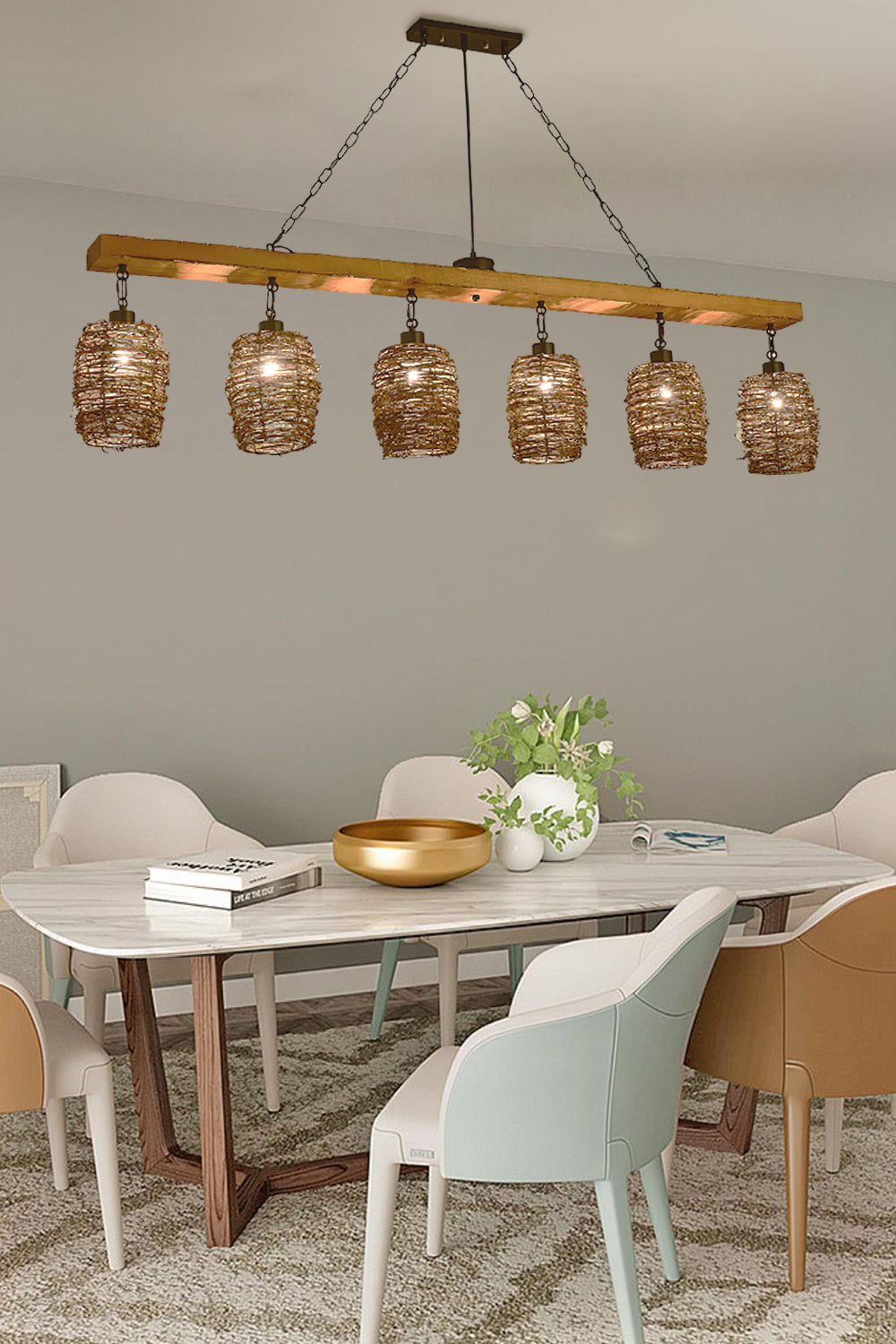 Modern Industrial Rattan Chandelier - Farmhouse Style Ceiling Light Fixture for Dining Room, Kitchen, Living Room & Bedroom - Rustic Home Decor Lighting