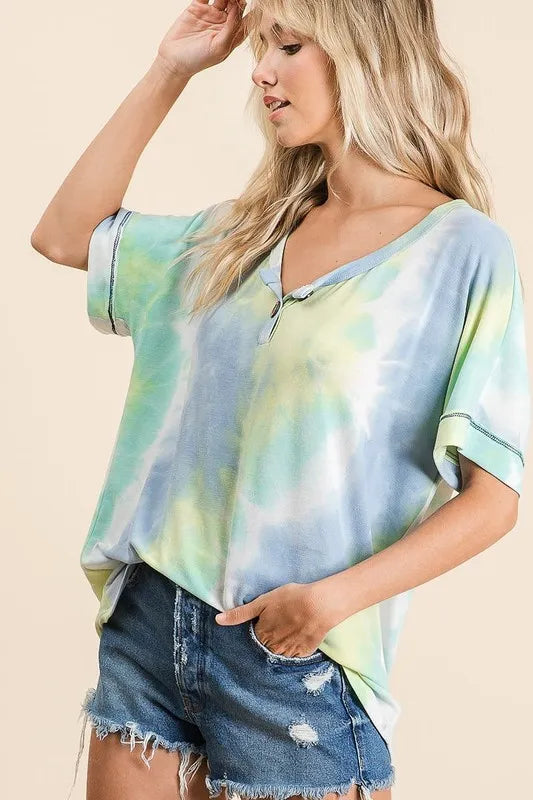 BiBi Tie Dye French Terry Button-Up Top for Women | Stylish Casual Shirt for Everyday Wear, Beach Outings & Weekend Brunch
