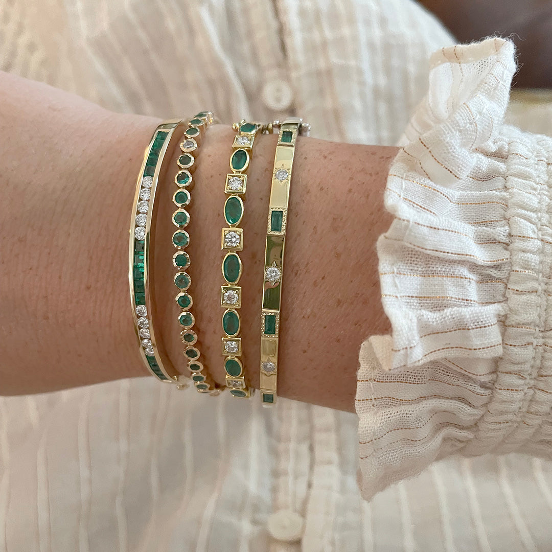 14K Yellow Gold Emerald & Diamond Channel Set Bangle Bracelet - Elegant Jewelry for Weddings, Parties & Special Occasions
