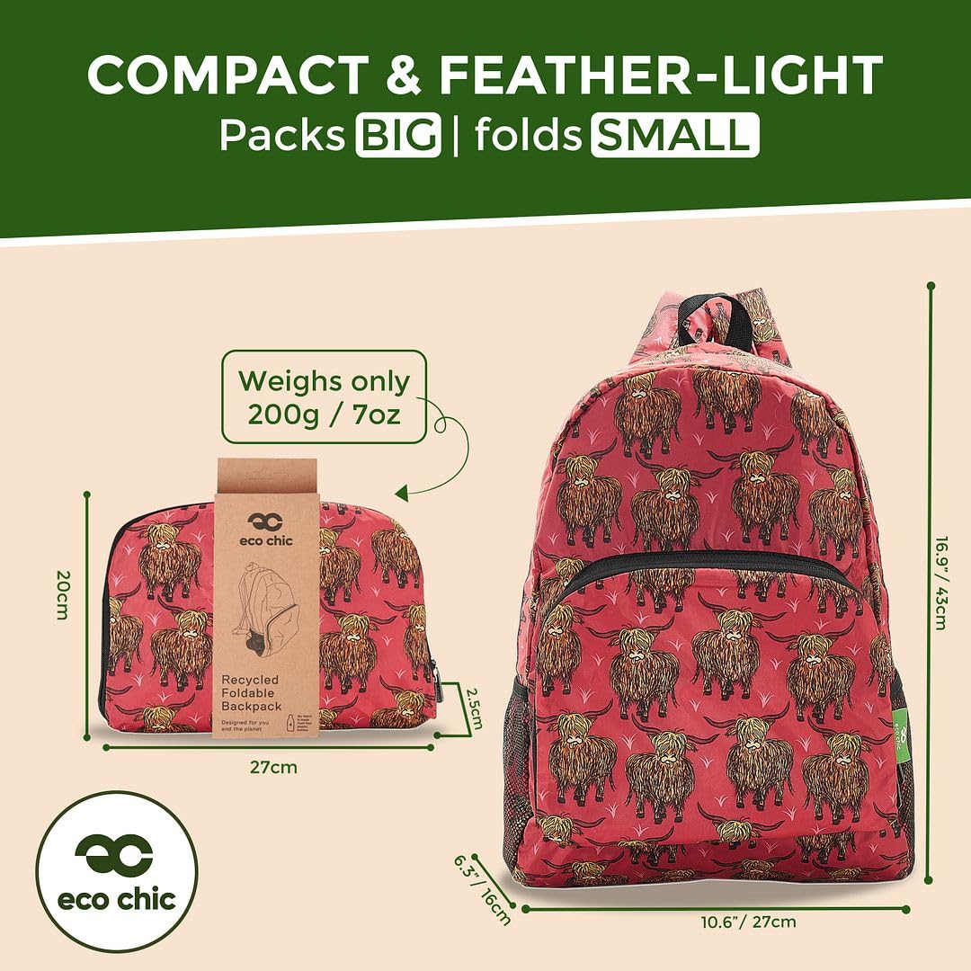 ECO CHIC Lightweight Foldable Hiking Backpack - Waterproof Travel Daypack for Outdoor Adventures & Camping - Made from Recycled Materials (Highland Cow Red) - Perfect for Hiking, Travel, Gym & Daily Use