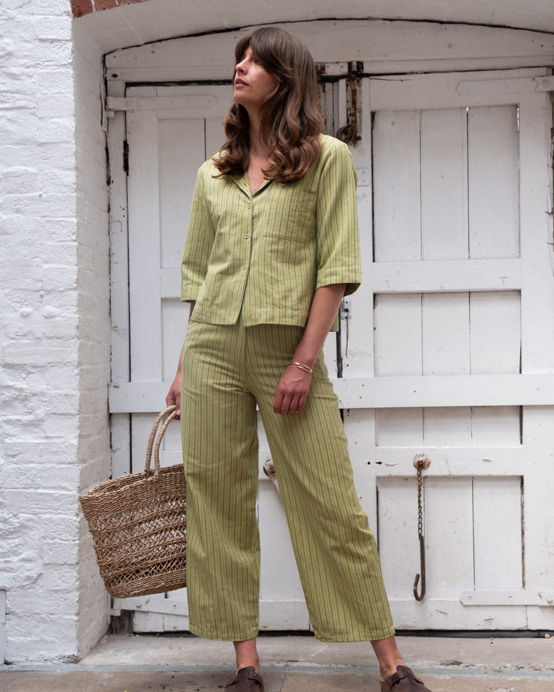 Harper Women's Cotton & Linen Wide Leg Pants | Avocado Stripe | Comfortable & Breathable Casual Trousers for Work, Travel & Summer Outfits
