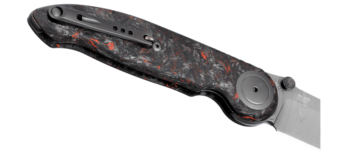 CRKT 4011 Pursue Michael Walker Liner Lock Folding Knife - Twist Damasteel Drop Point Blade, Contoured Red Dark Matter FatCarbon Handles & Mother of Pearl Pivot - Perfect for EDC, Camping, Hunting and Outdoor Adventures