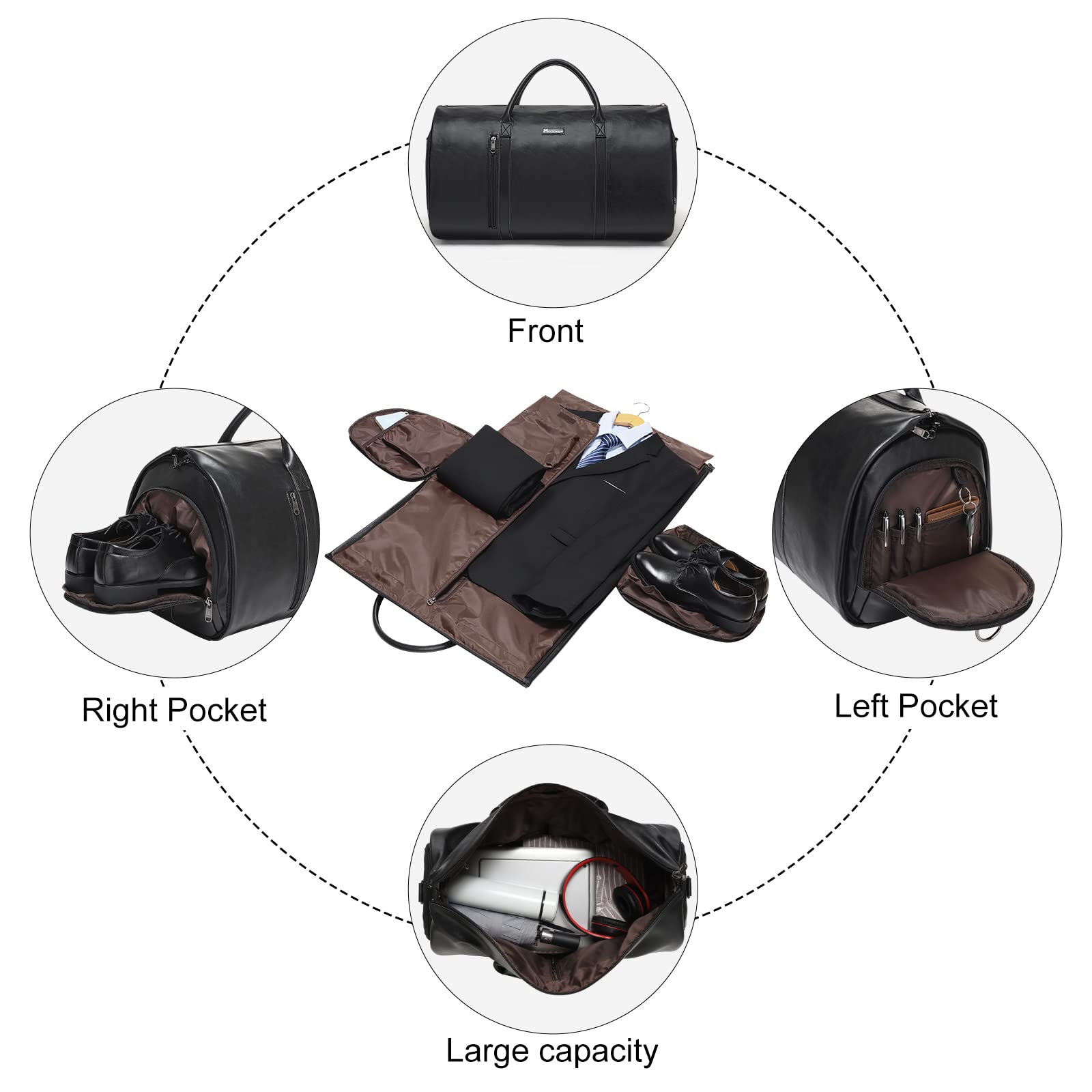 Modoker Convertible Leather Garment Bag - Waterproof Travel Garment Duffel for Business & Suit Carry On - Perfect for Men & Women Travel Accessories - Ideal for Business Trips, Weddings & Formal Events (Black)