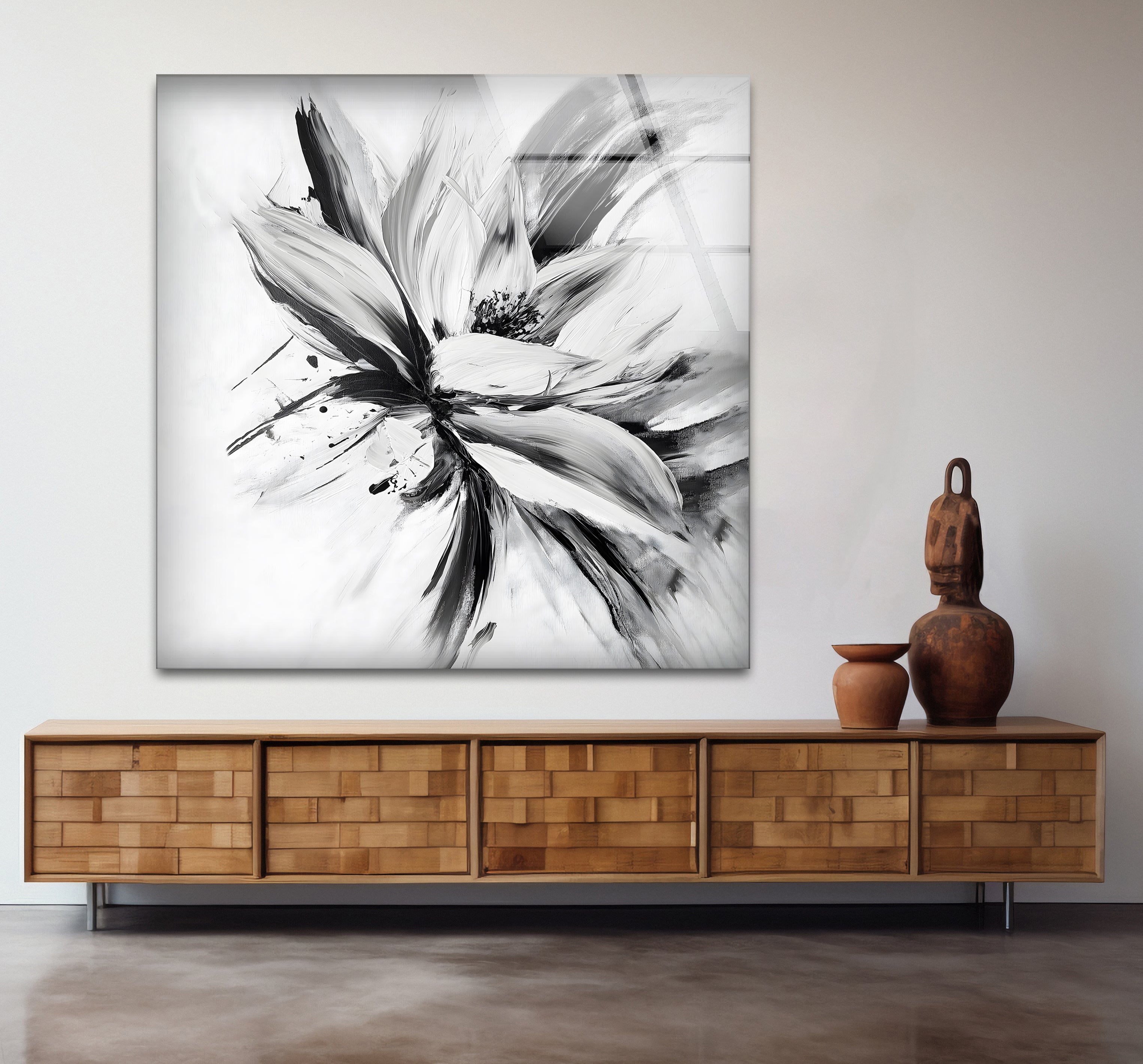Modern Black and White Abstract Floral Glass Wall Art - Elegant Home Decor for Living Room, Bedroom & Office