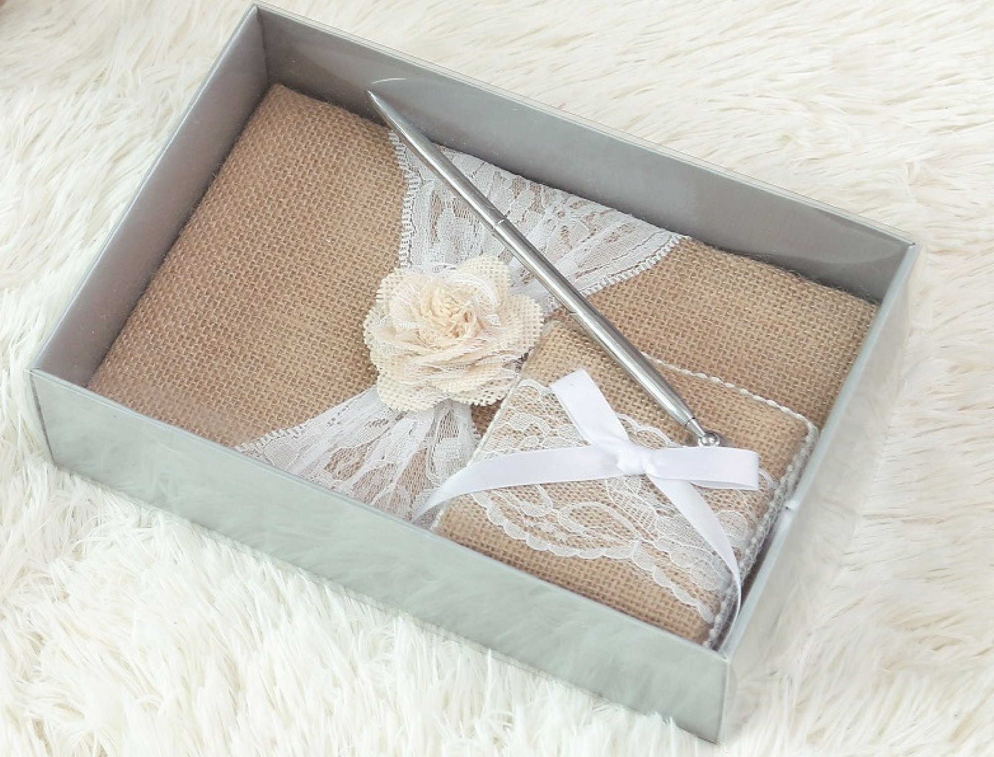 Elegant Rustic Wedding Guest Book with Burlap & Lace Cover - Includes Burlap Pen Holder & Silver Pen - 120 Lined Pages for Guest Messages - Comes in Gift Box (White Rose) - Perfect for Weddings, Anniversaries & Special Events