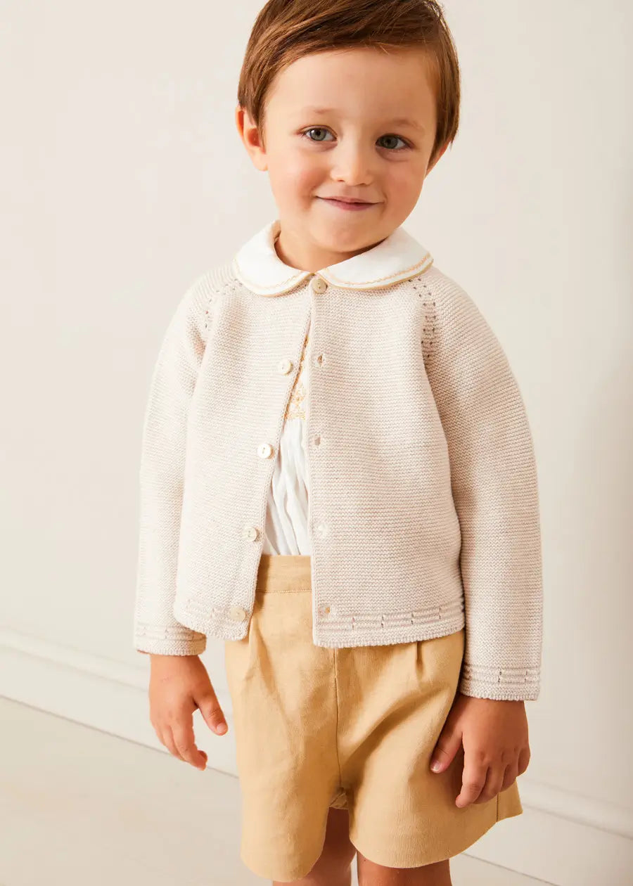 Hand Smocked Peter Pan Collar Short Sleeve Two Piece Set for Girls in Beige (18 Months to 6 Years) - Perfect for Birthday Parties, Photo Shoots & Special Occasions
