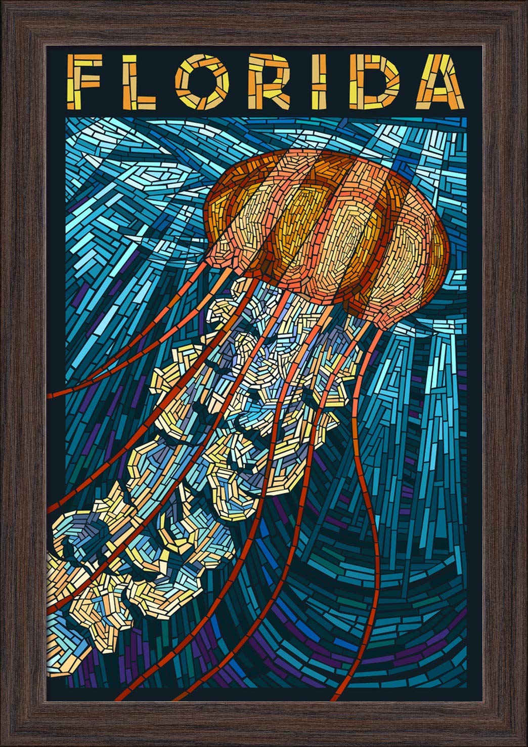 Jellyfish Paper Mosaic Art Print - Florida Ocean Theme 12x18 Inch Giclee Fine Art with Recycled Wood Frame in Espresso Brown - Perfect for Beach House Decor, Coastal Living Room Wall Art, or Unique Gift Idea