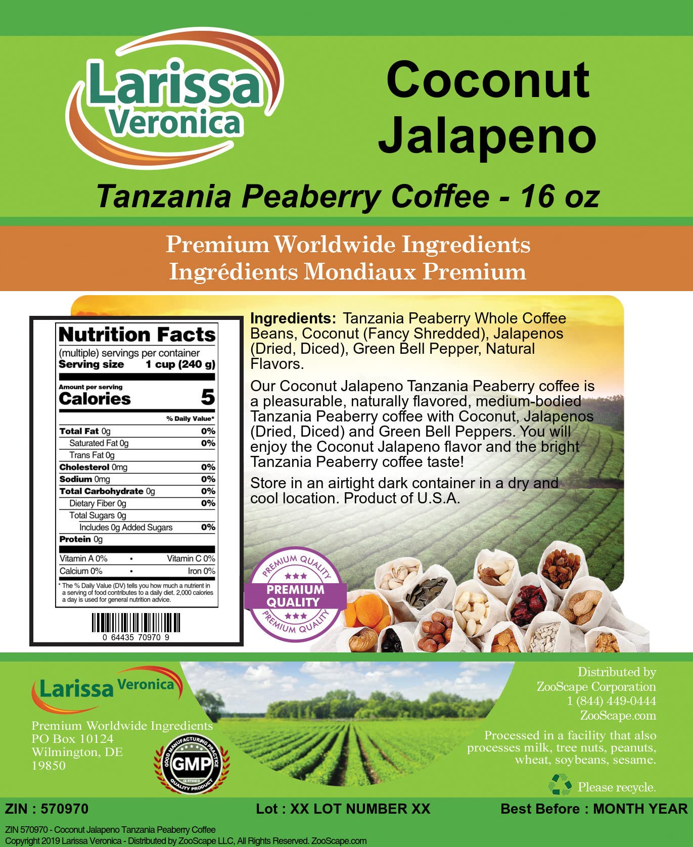 Premium Tanzania Peaberry Coffee - Coconut Jalapeno Flavored Whole Bean (16oz) | Gourmet, Naturally Flavored | Perfect for Home Brewing & Gifts | ZIN: 570970
