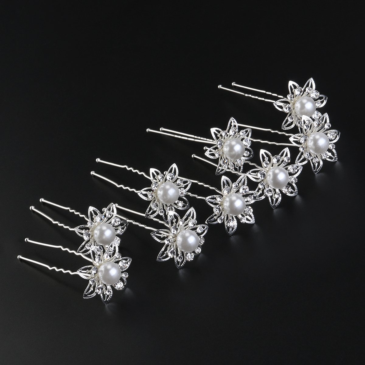 ROSENICE 10PCS Silver Flower Pearl Rhinestone Wedding Hair Pins - U-Shaped Bridal Hair Clips for Women, Buns & Updos - Elegant Hair Accessories for Bridal Showers, Prom, Parties & Special Occasions